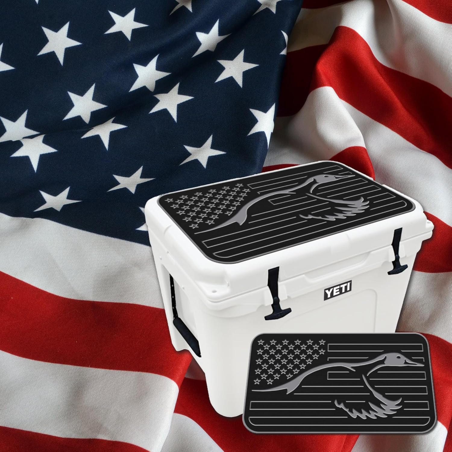 USATuff SeaDek EVA Mat Cooler Pad fits YETI | Peel & Stick Application | Non Slip Comfort Accessories - US Flag Duck Outdoorsman Hunt Design (Black-StormGray)