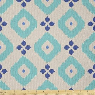 Lunarable Ikat Fabric by The Yard, Indonesian Tie-dye Technique Inspiration Rhombus and Drop Shapes, Stretch Knit Fabric for Clothing Sewing and Arts Crafts, 1 Yard, Turquoise Navy Blue