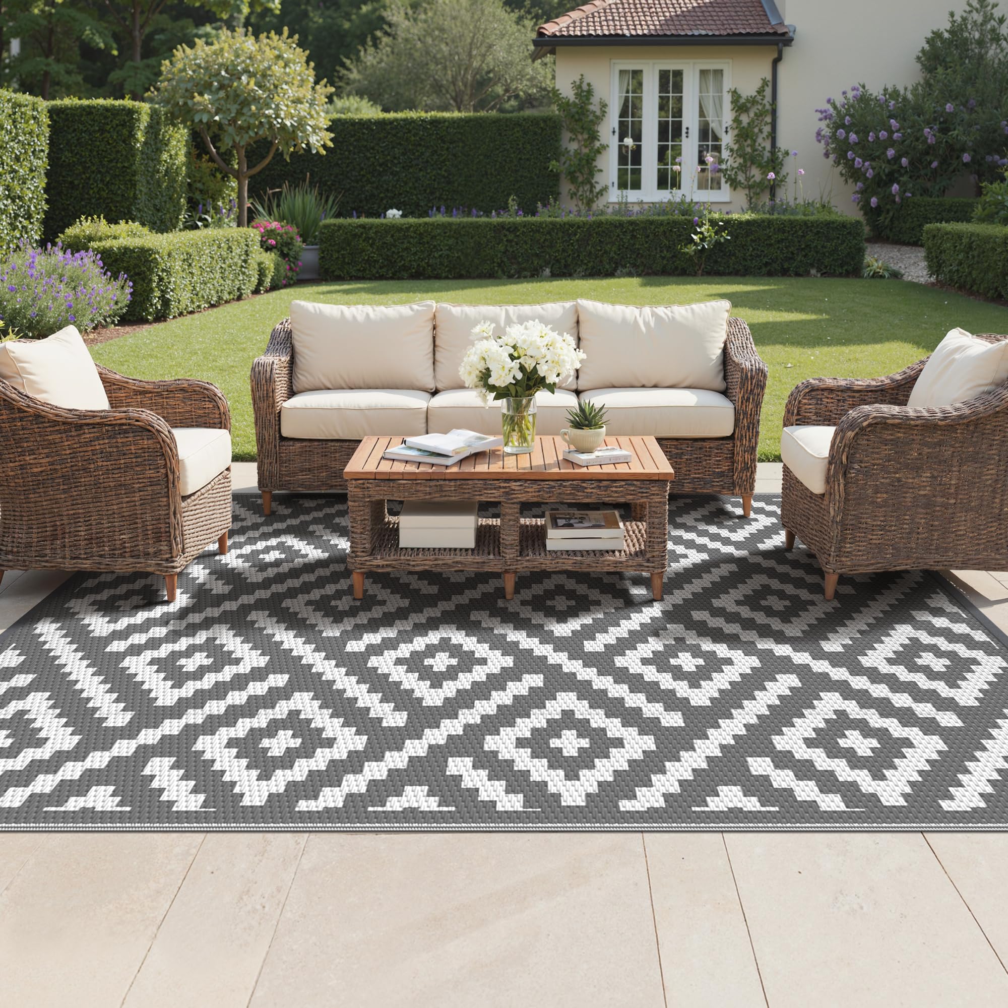 GENIMO Outdoor Rug 270x360cm,Extra Large Waterproof Reversible Garden Rug Recycled Plastic UV Resistant Modern Outdoor Mat for Patios,Picnic,Backyard, Grey & White