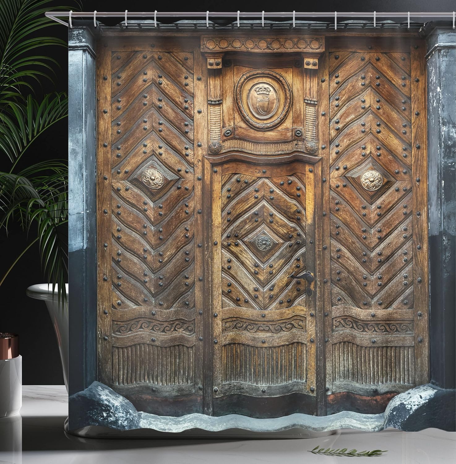 Ambesonne Rustic Shower Curtain, Old Door Frame and Traditional Ornament Strong Rusty Front Gate Chevron Design Medieval Art, Cloth Fabric Bathroom Decor Set with Hooks, 69" W x 70" L, Dimgray Brown