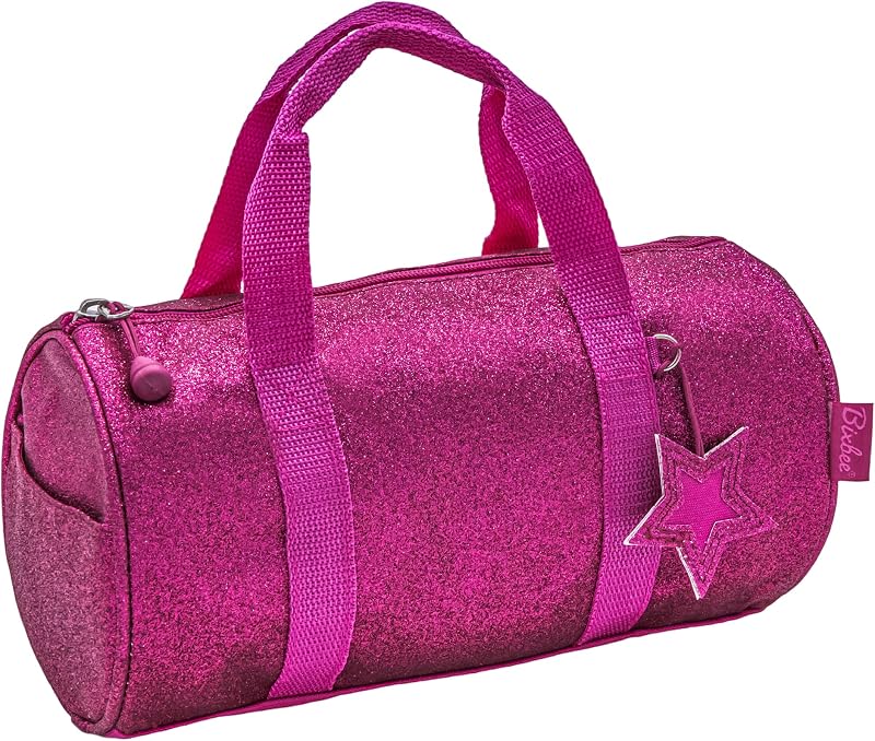 Bixbee Kids Duffle Bag, Dance Bag & Travel Bag for Sports, Gymnastics and Ballet with Adjustable Strap, Zippers, Pockets, and Flake-Resistant Glitter - Overnight Bag in Ruby Raspberry.