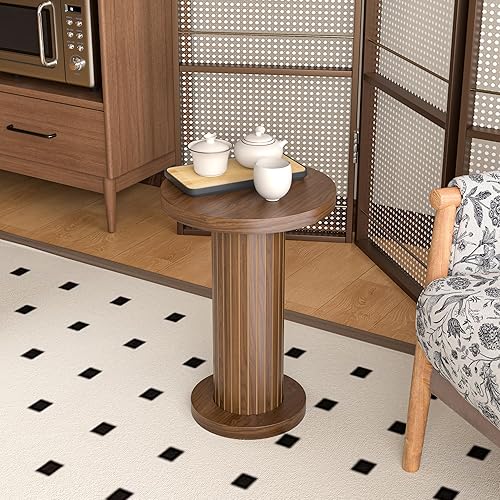Miniatura 1 de Mesa auxiliar redonda pequeña con pedestal, mesa auxiliar de madera para sala de estar, mesa de bebidas acanalada para espacio pequeño, mesa de
