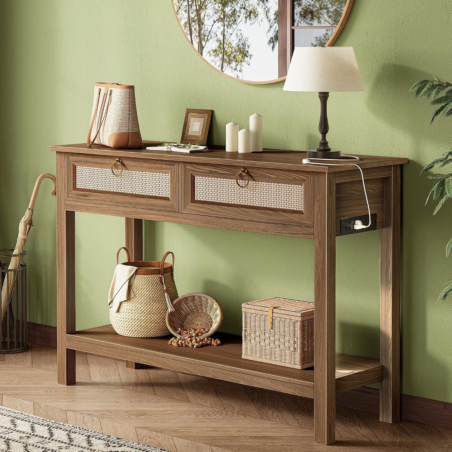  Rattan Console Sofa Table with Outlets, USB-C Port and 3 Drawers