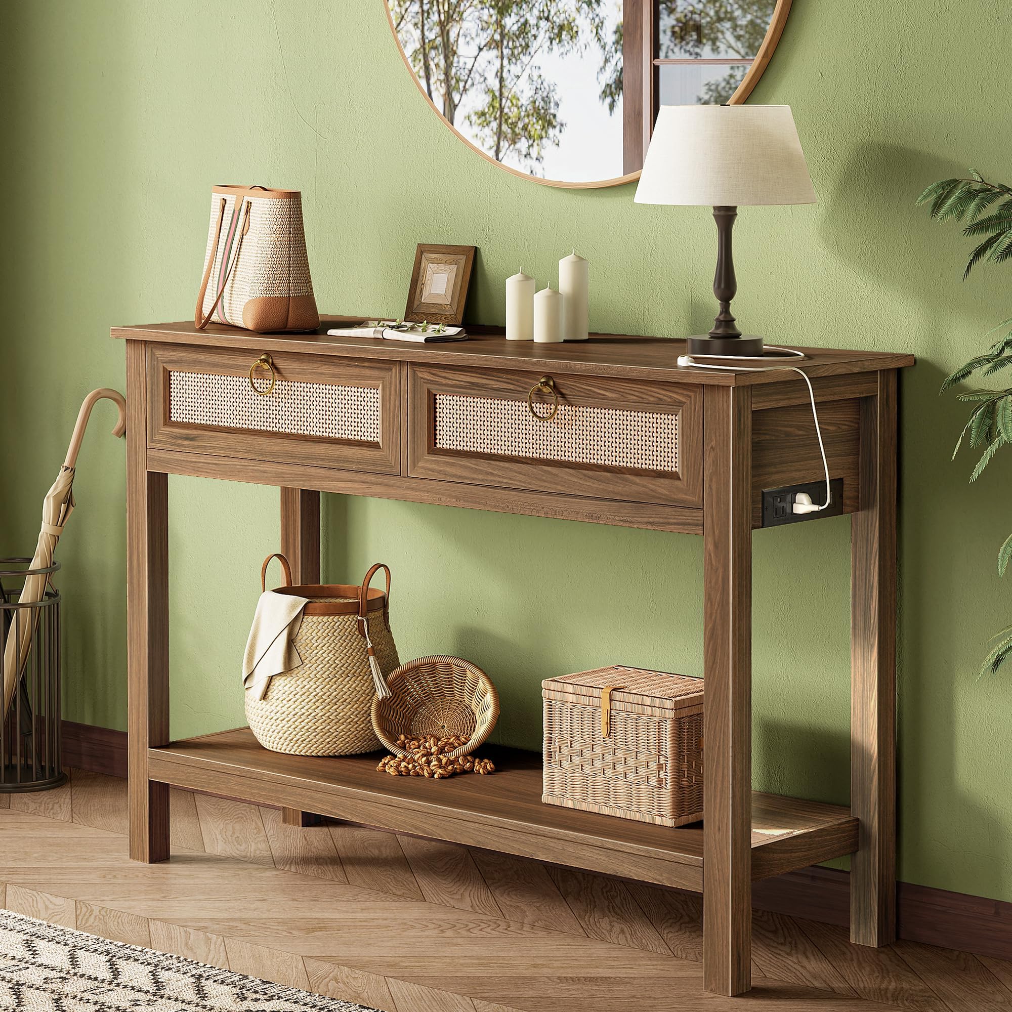 SUPERJARE Rattan Console Sofa Table with Outlets and USB-C Port, 2 Drawer Entryway Table with Synthetic Rattan Surface, 39 Inch, Open Shelf, Behind Couch Entry Foyer Hallway Storage, Brown