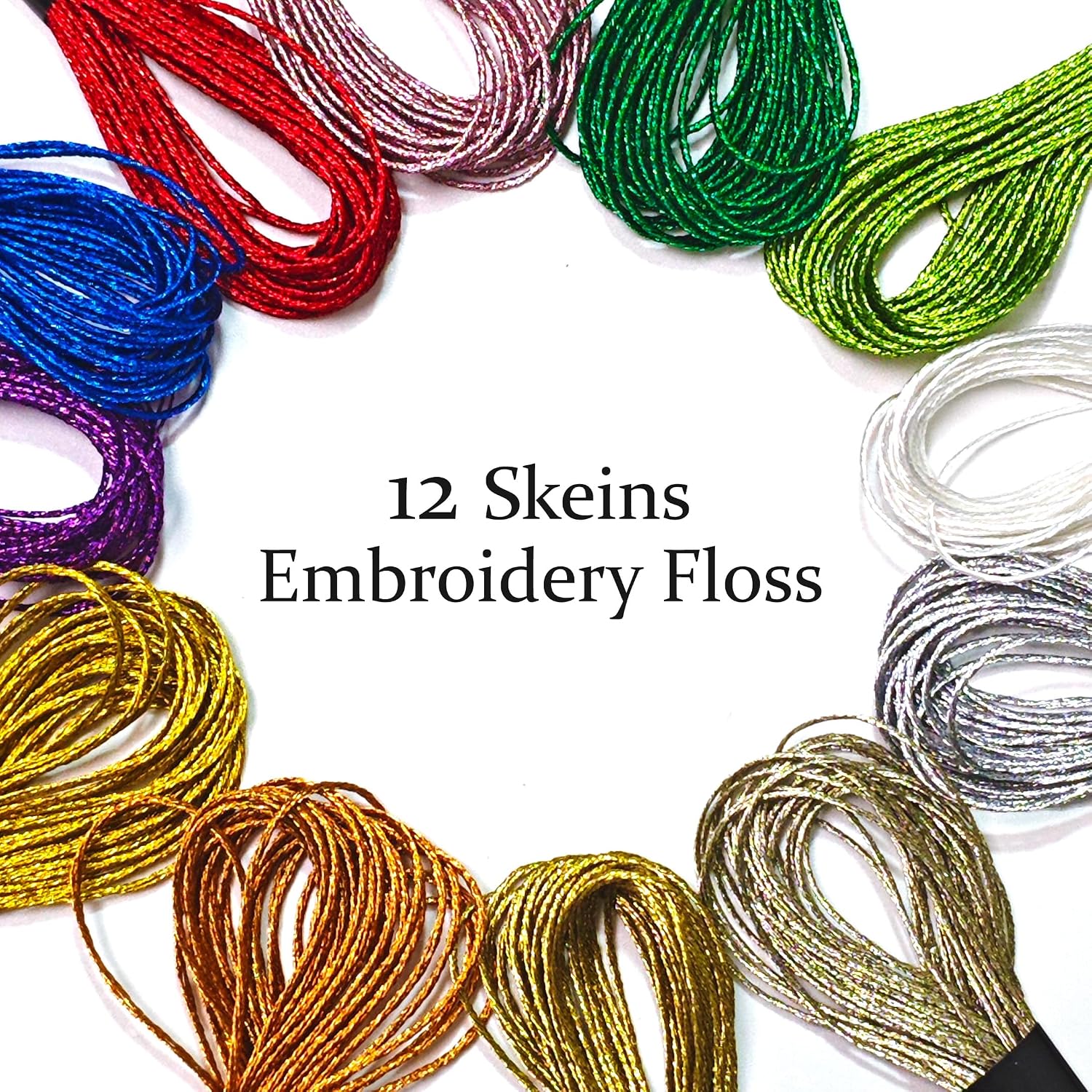 12 Skeins Metallic Embroidery Floss, Multi-Purpose Cross Stitch Thread, Mix Colours Hand Embroidery Supplies（8 m 12 Strands）