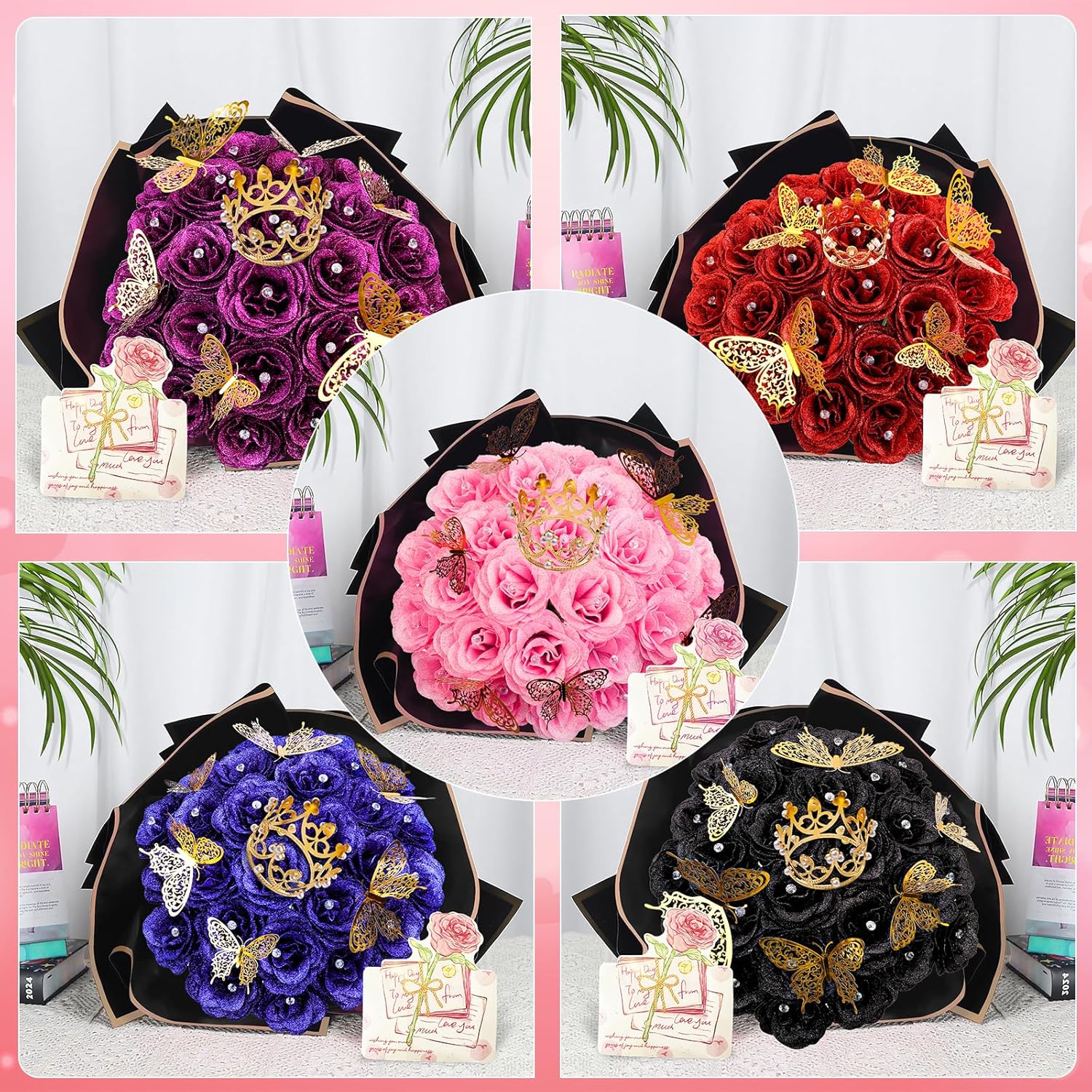 28 Pink Glitter Roses Bouquet - Artificial Flowers Bouquet with Diomand Pins,Pink Roses DIY Fake Flower Bouquet Kit - Sparkling Flower Arrangement for Valentine’s Day,Anniversary,Weddings,Engagement - Image 6