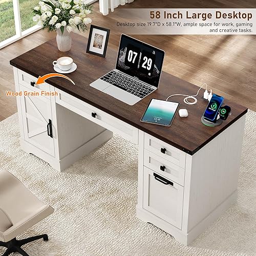 Miniatura 7 de Escritorio de oficina en casa de granja de 58 pulgadas con cajones, escritorio ejecutivo de madera con estación de carga, cajones de archivos y