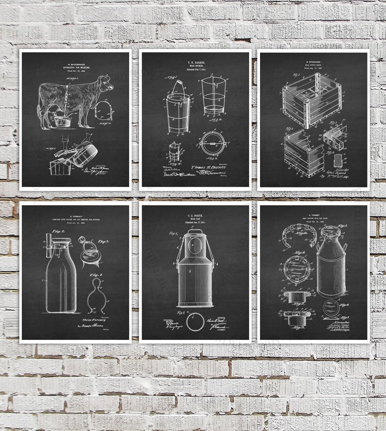 Dairy Farmhouse Decor Set of 6 Dairy Cow Art Prints Dairy Farmer Gifts Patents_Dairy_Chk6A