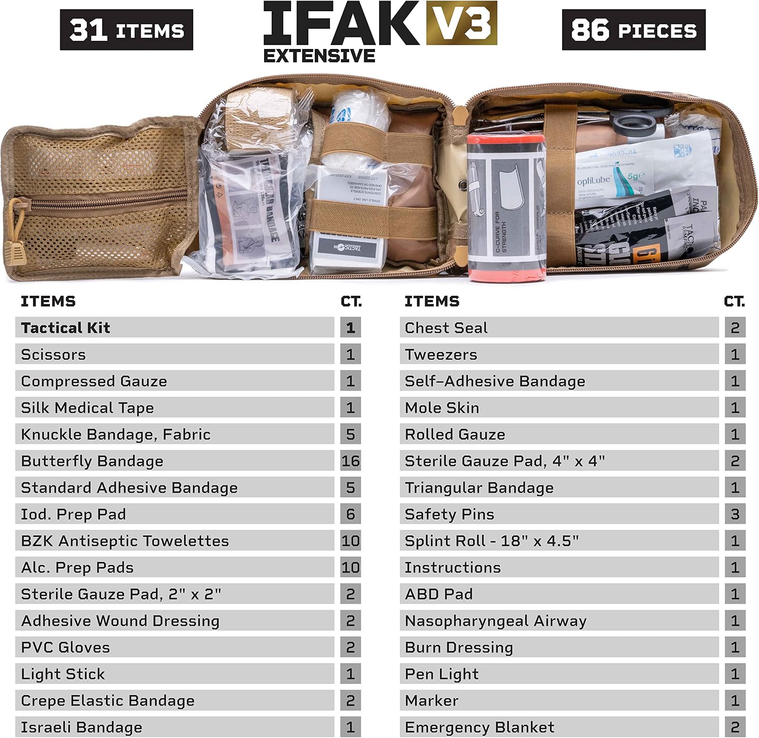 TACTICON V3 Extensive IFAK Trauma First Aid Kit | EMT Survival Med Kit | Chest Seals | Israeli Bandage | Bandages | Belt or MOLLE Attachment | Tactical Emergency Medical Pouch - FDE Tan