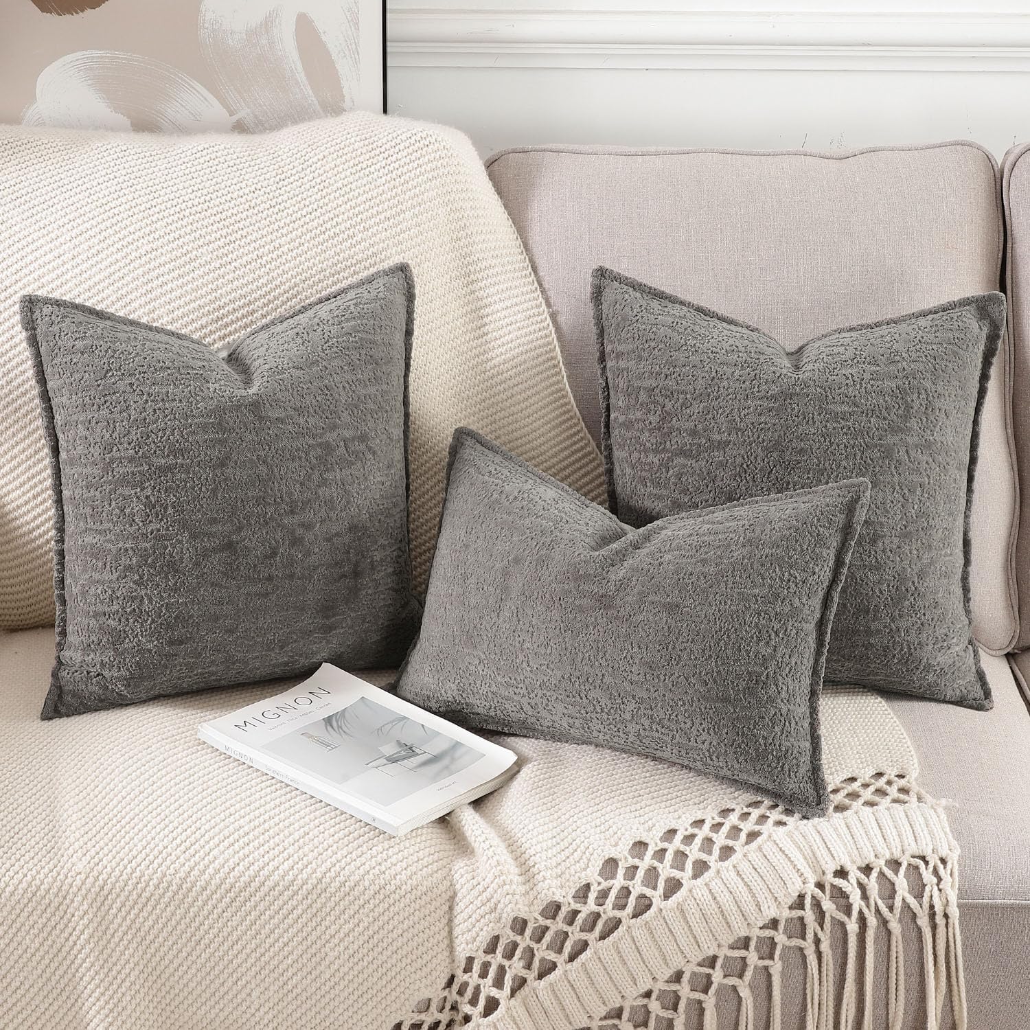 MADIZZ Pack of 2 Chenille Velvet Throw Pillow Covers 24x24 Inch Grey Soft Neutral Decorative Throw Pillows Accent Boho Cushion Covers for Couch Sofa Modern Farmhouse Home Decor