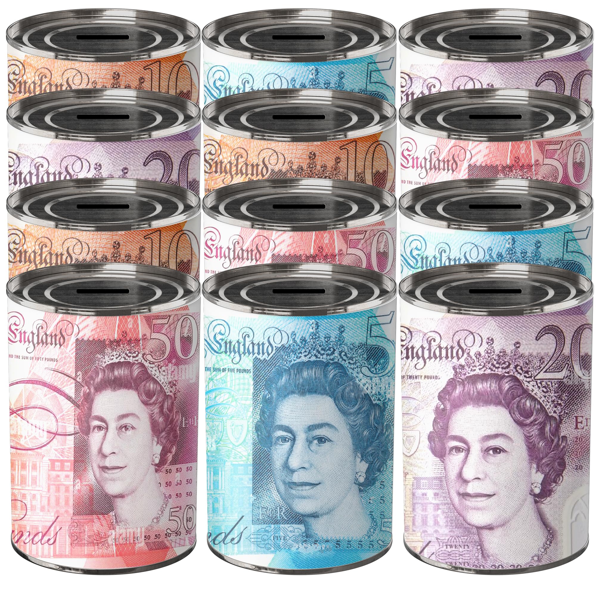 GULLAIIR 12Pcs MONEY BOX Sterling Bank Note - Tin Piggy Bank, Coin Can, Savings Can, Birthday Fund & Christmas Fund (12 Pcs MEDIUM RANDOM)