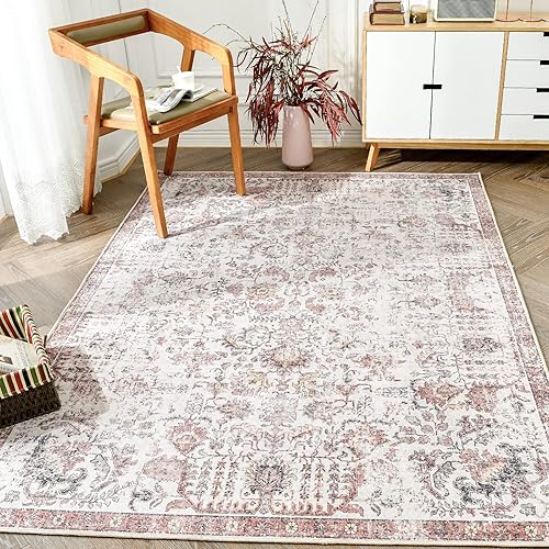 jinchan Area Rug 6x9 Washable Rug Vintage Rug Indoor Thin Rug Retro Accent Rug Distressed Carpet Red Multi Floral Print Country Boho Rug Non Slip Kitchen Bedroom Living Room Dining Room Office