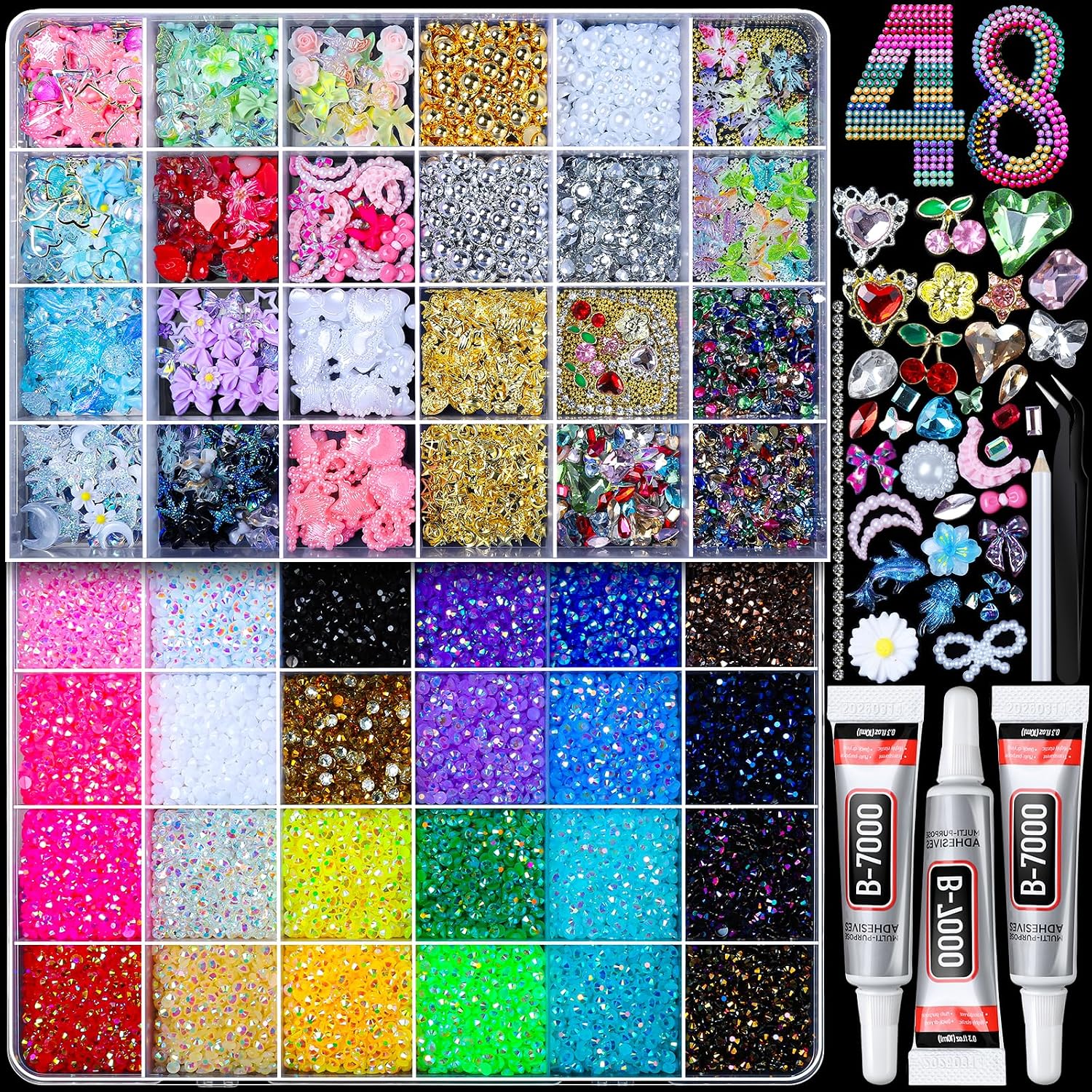 FANDAMEI 48 Grids Bedazzling Kit, 24 Colors 3mm Flat Back Jelly Rhinestones for Bedazzling, 24 Grids 3D Nail Charms and Gems Pearls. Nail Rhinestones Kit with Bedazzling Glue for Crafts, Nail Art Kit