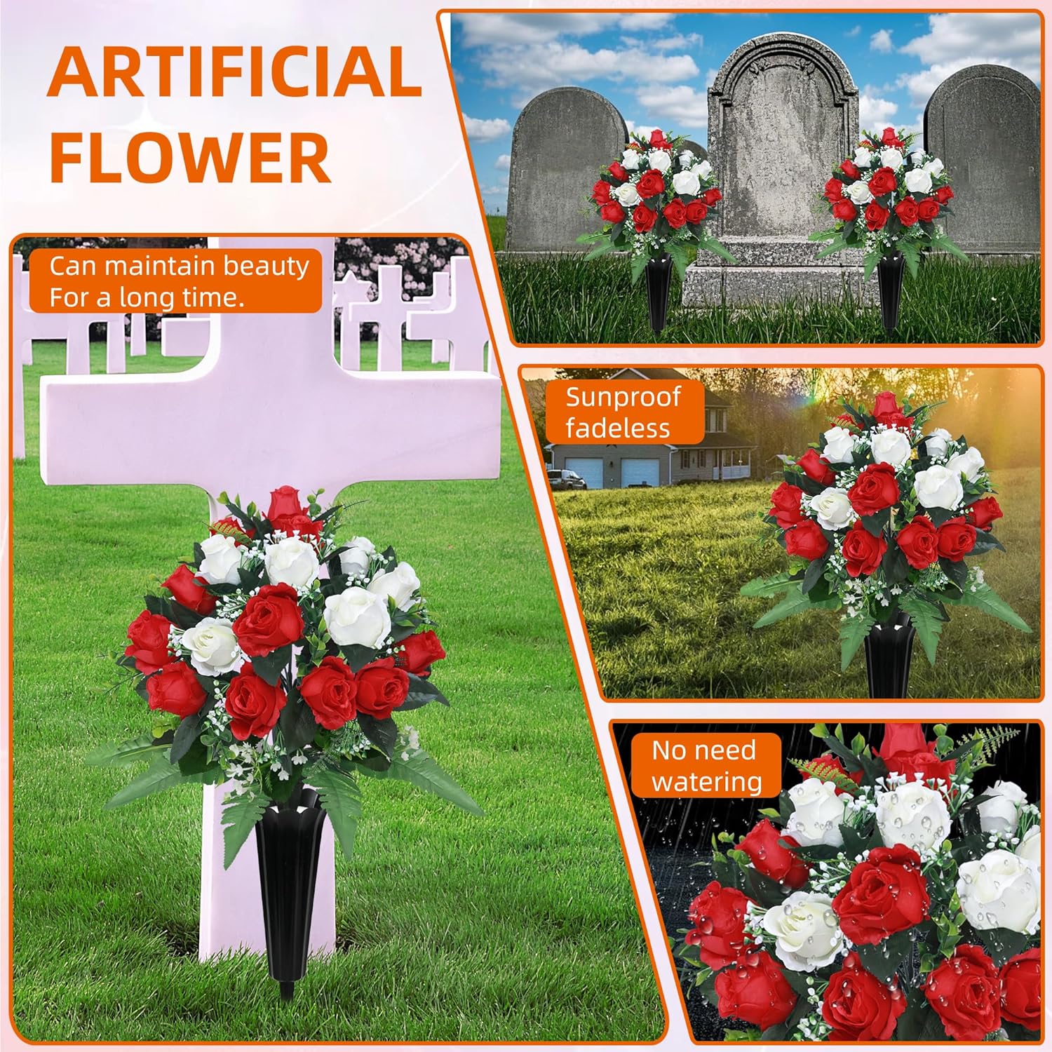 2 Sets Artificial Cemetery Flowers for Grave,Realistic Grave Flowers for Cemetery,Silk Rose with Vase for Headstone Tombstone Decoration Easy fit (Red White)