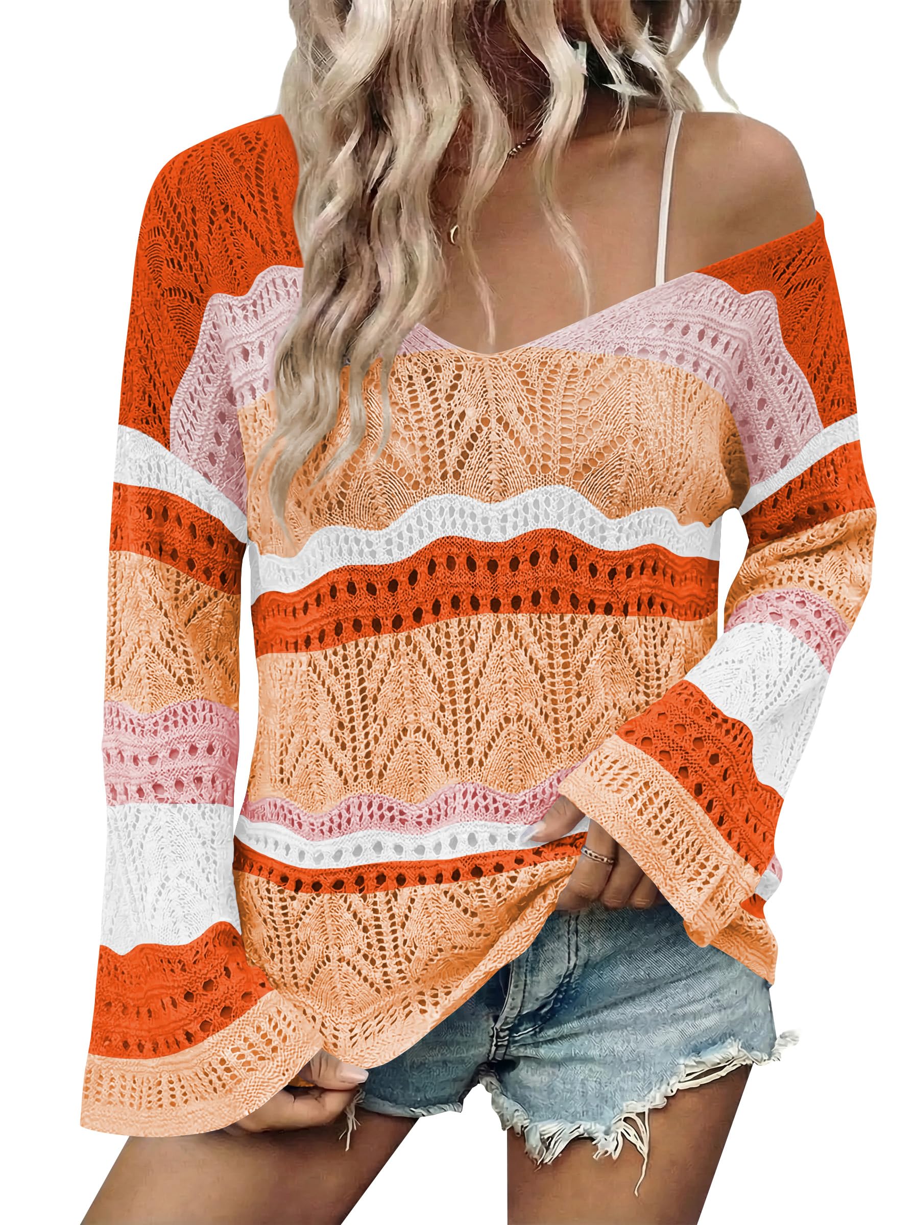 Cakulo Womens Summer Crochet Tops Boho Off Shoulder Sweaters Lightweight V Neck Loose Vacation Resort Wear 2026
