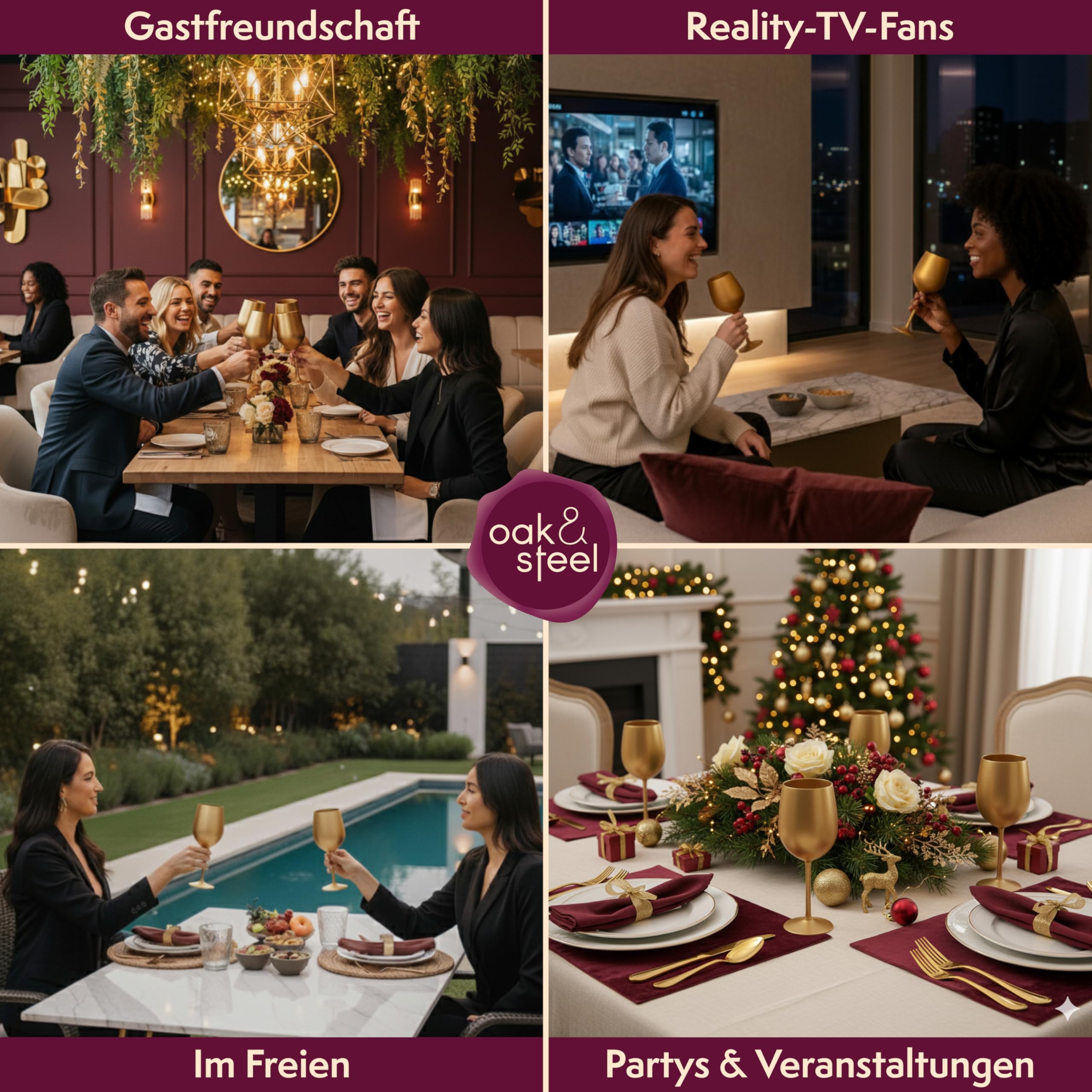 Oak & Steel - 4 Edelstahl Weingläser (540ml) - Gold Matte - Robust & Unzerbrechlich - Geschenkset für Geburtstage, Hochzeiten & Weihnachten