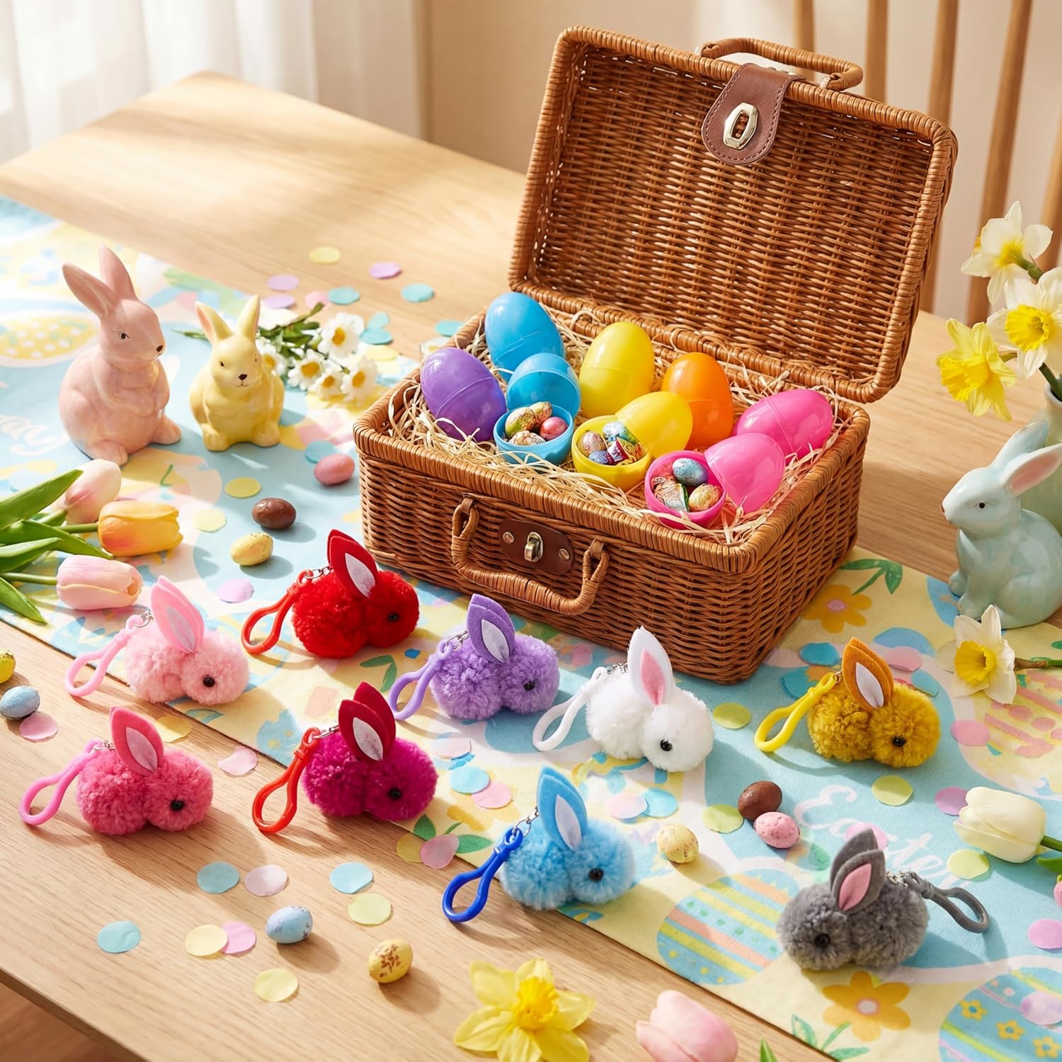 Kenning 24 Pack Prefilled Easter Eggs with Bunny Plush Toy Mini Stuffed Animal Keychains Easter Egg Fillers Easters Basket Stuffers Inside Eggs Hunts Goodie Filler Party Favors Gifts