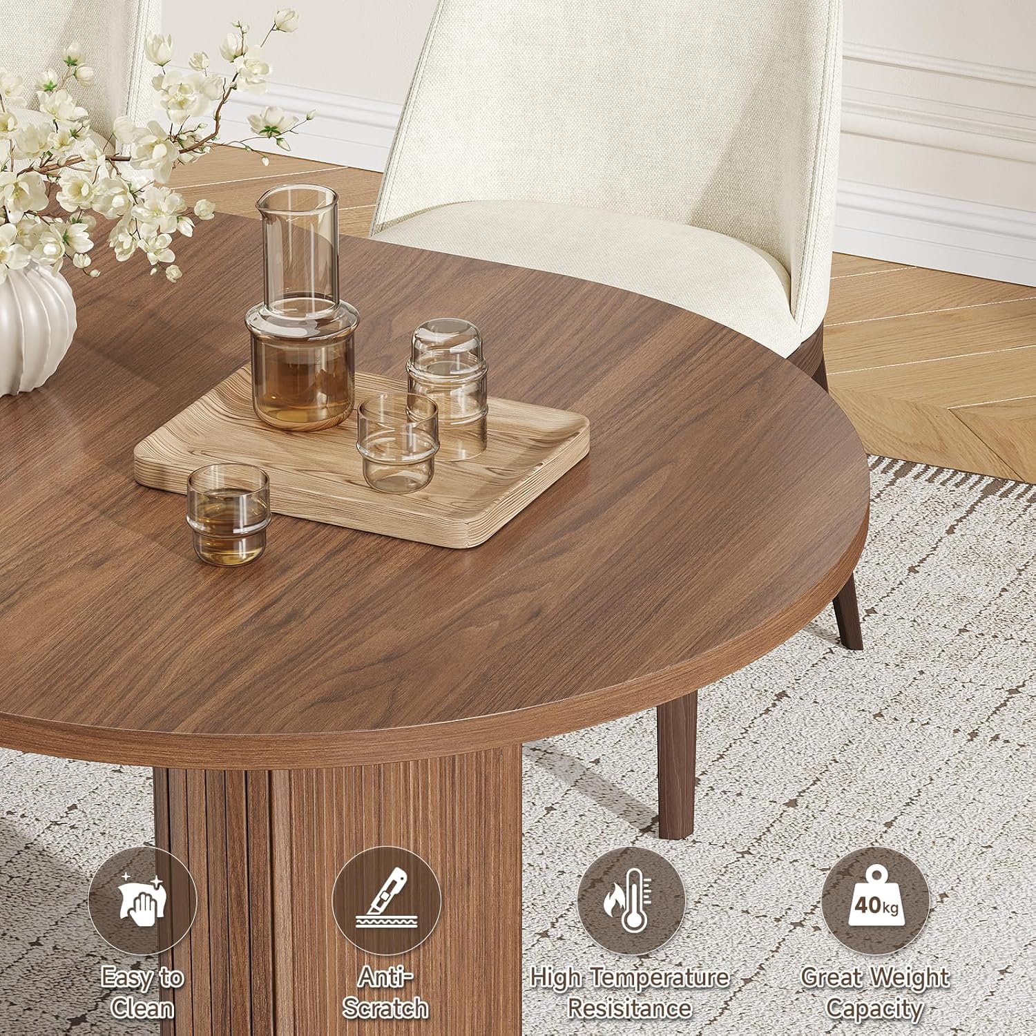 ONBRILL 70 Inch Oval Dining Table for 6-8, Modern Dining Room Table with 2-Tier Storage Space, Wood Kitchen Table with LED Light, Dinner Table with Heavy Duty Legs, Walnut
