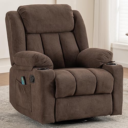 Ketaiyou Rocker Swivel Recliner Chair for Adults, Overstuffed Large Manual Recliner Glider with Massage and Heat, Comfy Soft Fabric Living Room Reclining Sofa Chair (Cocoa Brown)