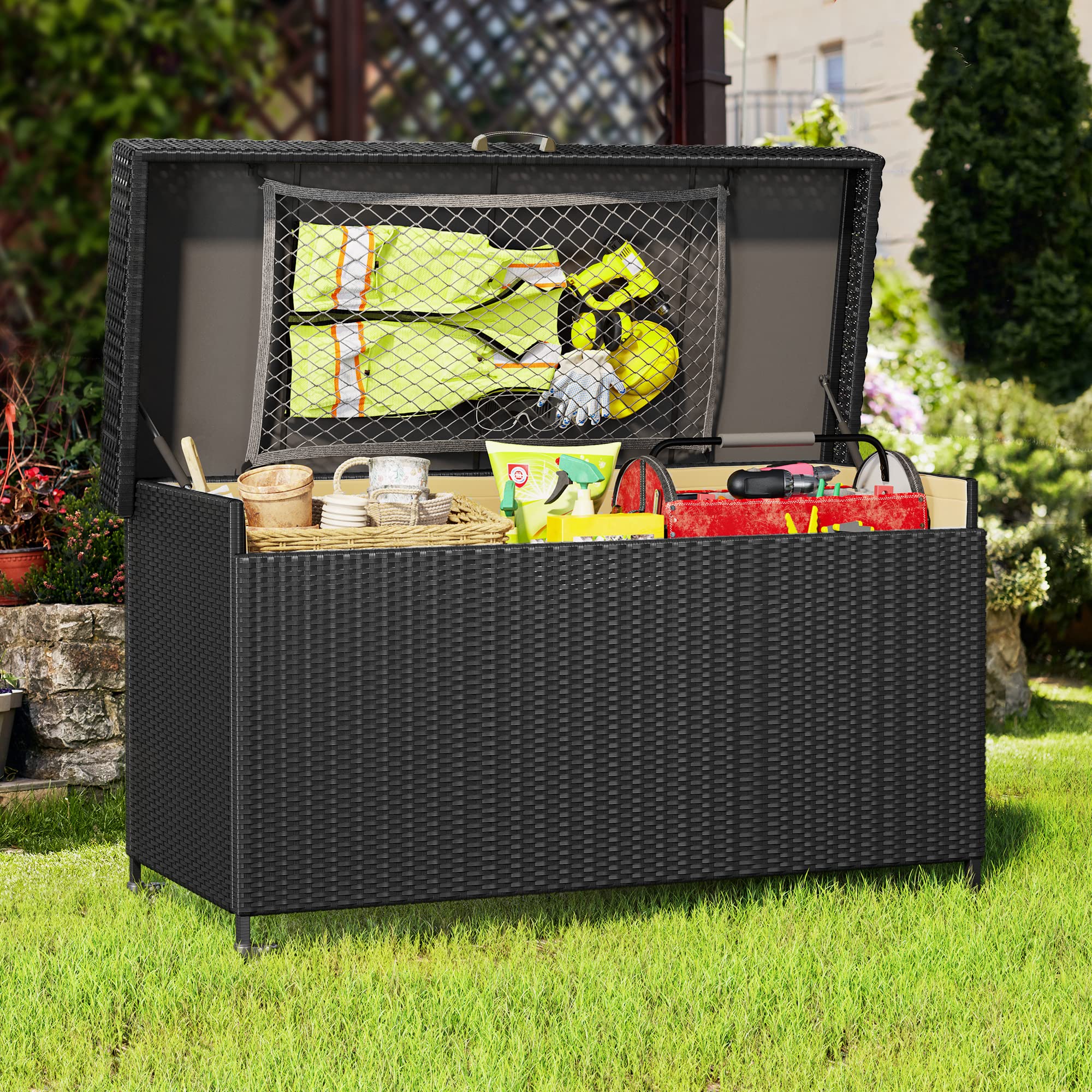 YITAHOME 200 Gallon Large Wicker Deck Box w/Storage Net, Rattan XL