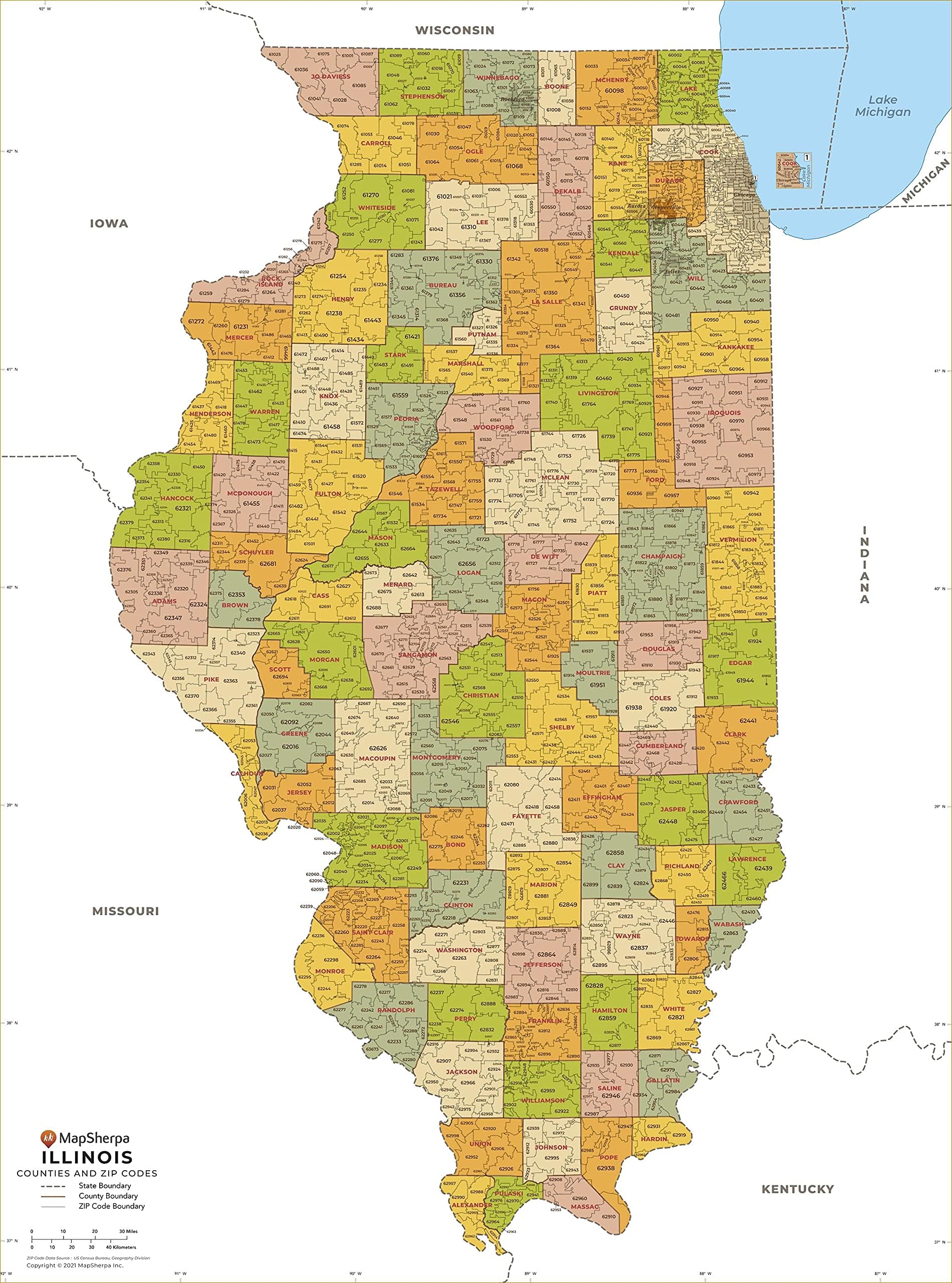 Illinois ZIP Code Map with Counties - Large - 48" x 64.75" Paper