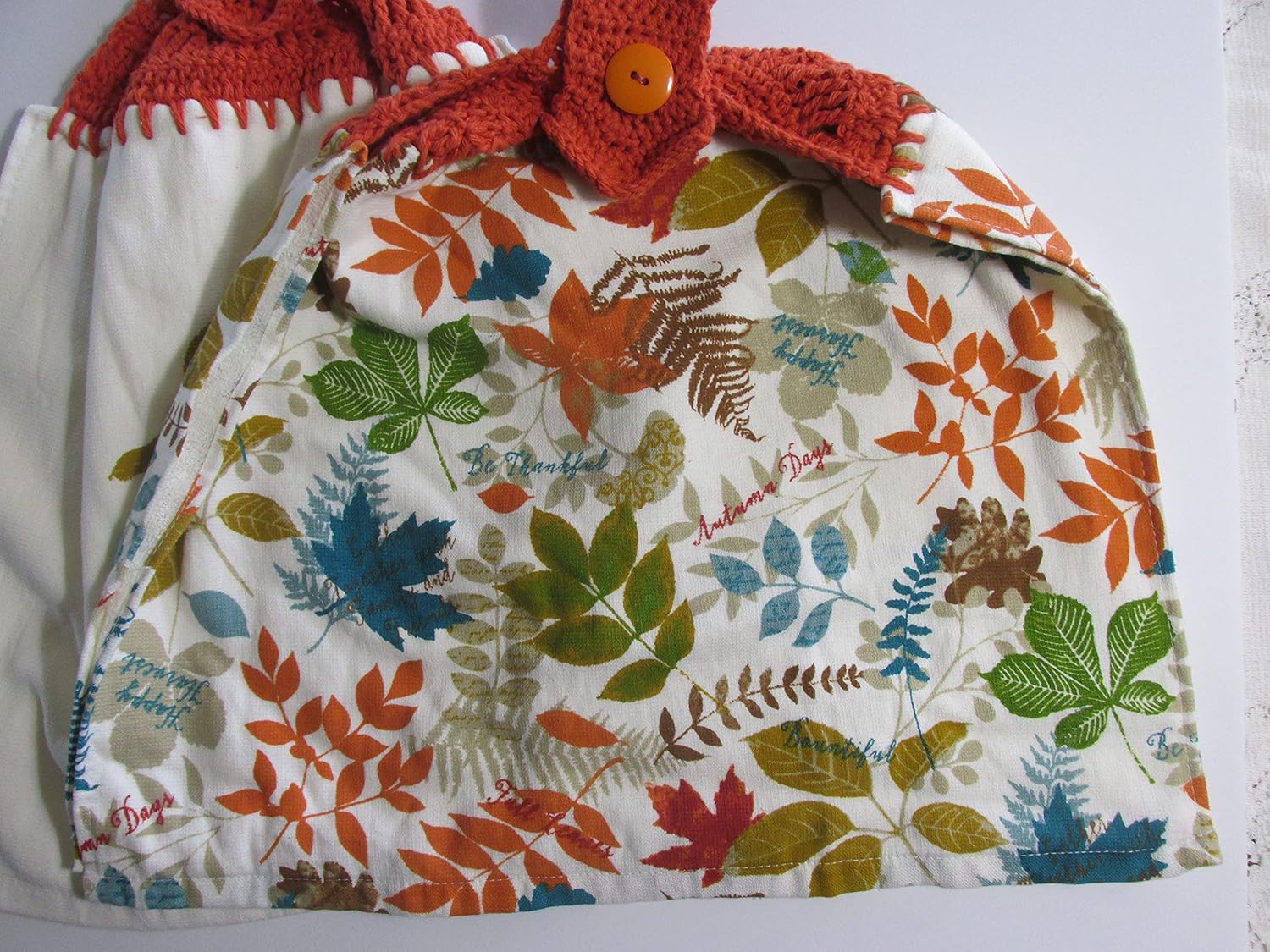 Happy Harvest Fall Leaves Set of 2 Double Thickness Hanging Kitchen Towels - Orange Cotton Crochet Top