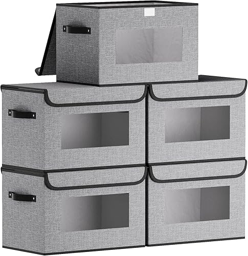 Miniatura 26 de Cajas de almacenamiento de tela, 13 x 9.1 x 7.9 pulgadas, cestas de manta para estantes con tapas, cubos con asas, cubos decorativos de lino para
