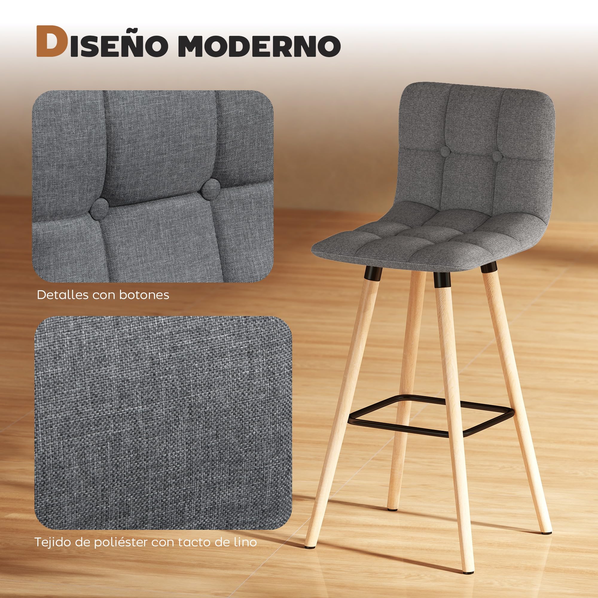 HOMCOM Juego de 2 Taburetes de Bar Taburetes Altos de Cocina Gris | Respaldo, Reposapiés, Patas de Madera, Estilo Moderno, Sillas Altas para Comedor, Salón, Bistró