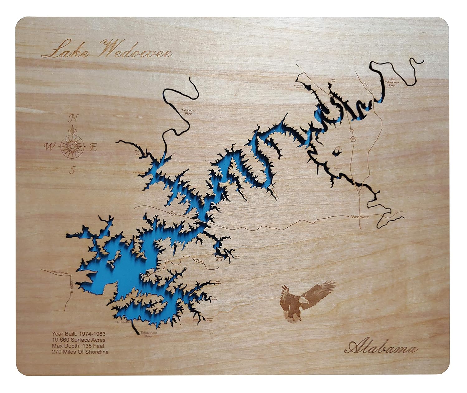 Lake Wedowee Alabama Map Amazon.com: Lake Wedowee Alabama: Standout Wood Map Wall Hanging : Handmade  Products
