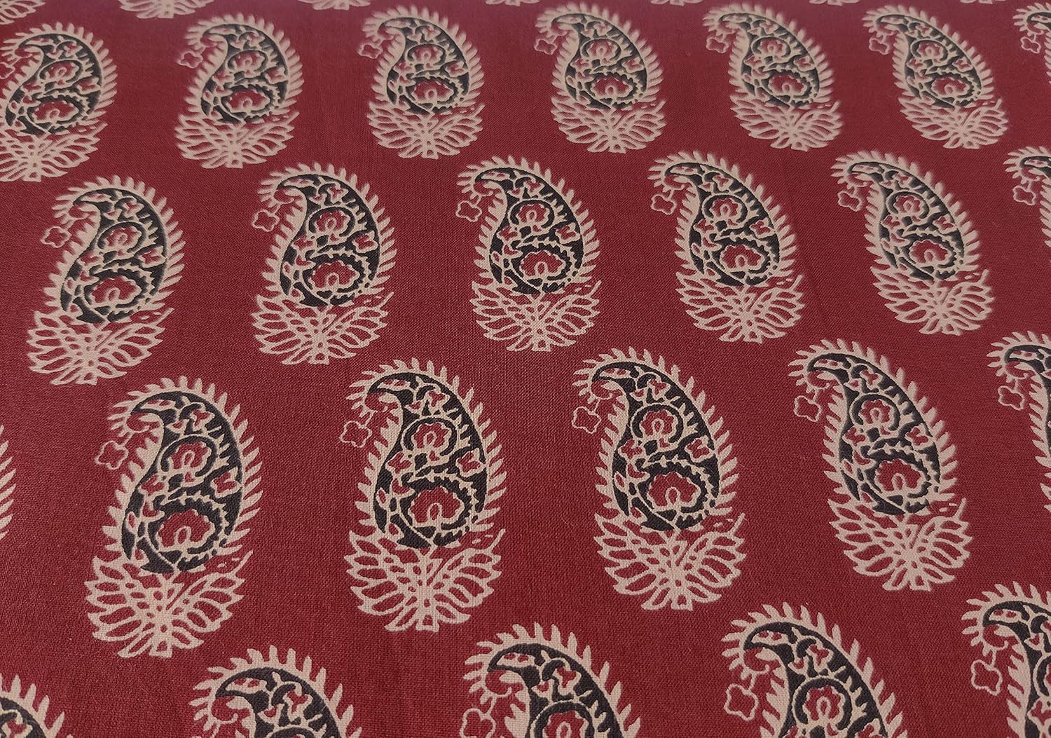 AVKA Studio Hand Block Print Fabric by The Yard - PRECUT 5 Yards 42 Inch Width - 100% Cotton Material - Terracotta & Black Paisley Pattern - Light Weight Indian Cloth for Summer Dress Tops Project