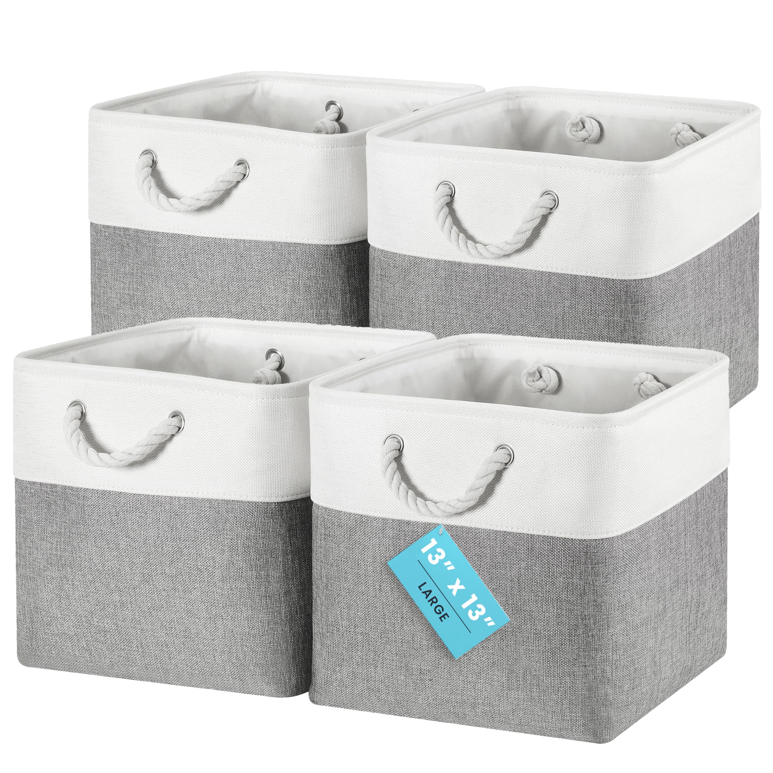 OrganiHaus Fabric Storage Boxes, Set of 4 Foldable 33X33 Cube Organiser Bins with Rope Handles for Shelves, Nursery & Closet, Collapsible Storage Baskets for Toys, Clothes & More - Grey/Off-White