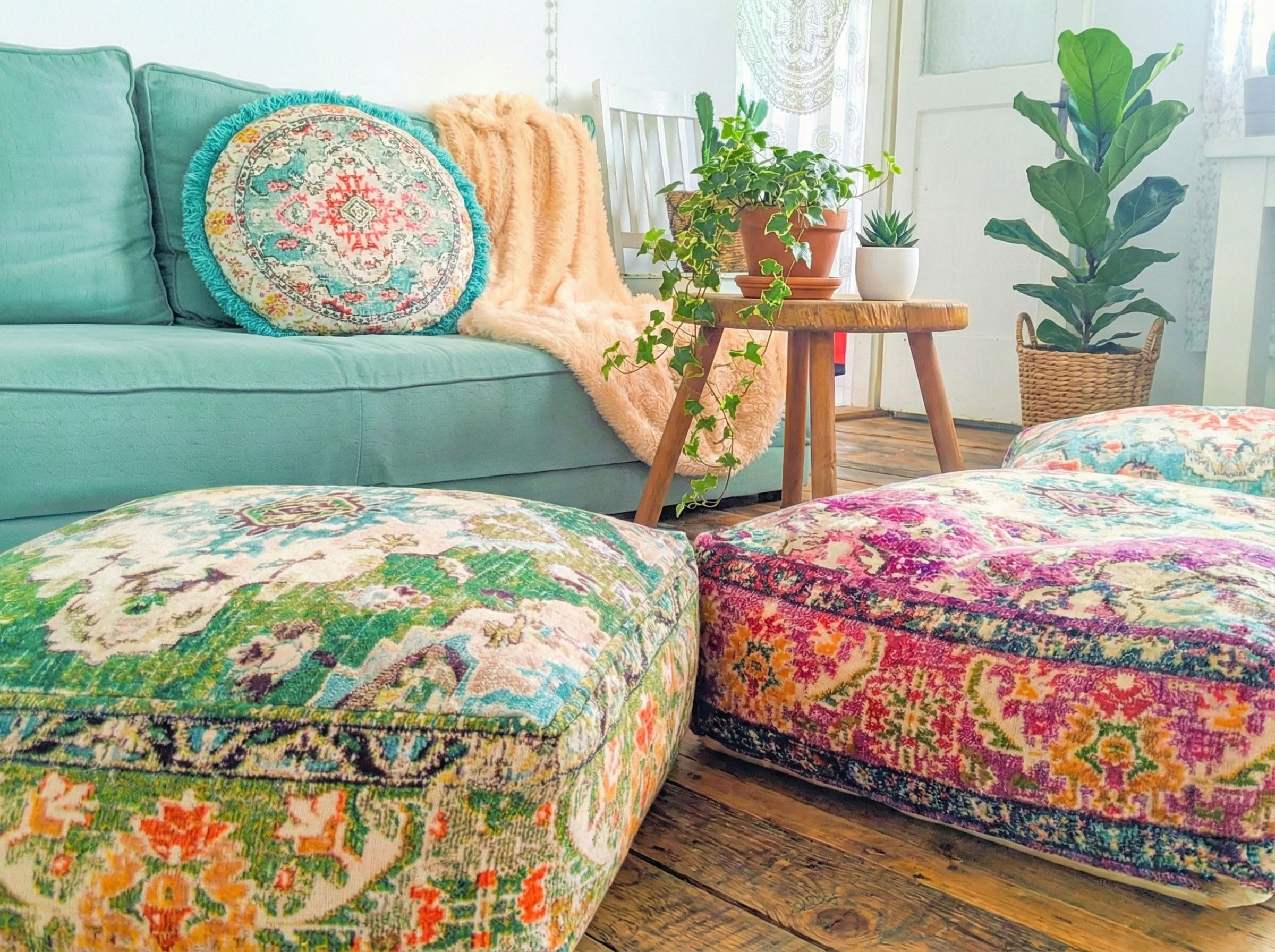 Mandala Life ART Funda de cojín de Piso Bohemian Rug - Cuadrada 60x20 cm - Puf de decoración de habitación Artesanal de Lujo para meditación, Yoga y Boho Chic Funda de Almohada de Piso para Asientos
