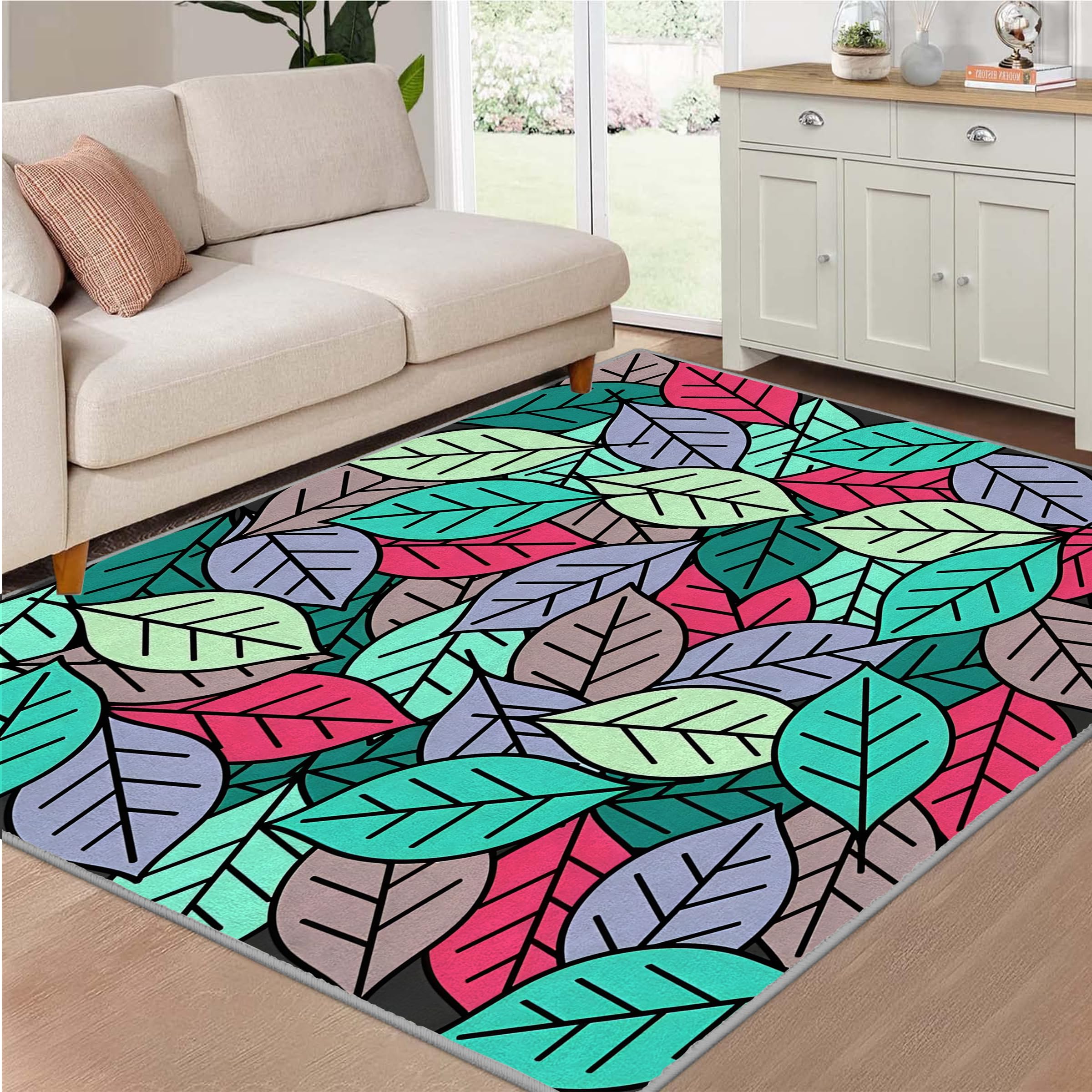 Großer waschbarer Kurzflor-Teppich 200x300 - Blätter Farbig Teppiche - Moderne Ästhetik Dünn Saugfähig Vielseitig Carpet für Wohnzimmer Schlafzimmer Oder Als Bettvorlege A&190