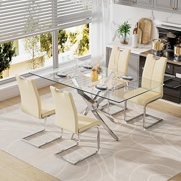 5-Piece Dining Table Set for 4, 63 Glass Dining Table Set for 4,Kitchen Table and 4 PU Leather Chair, Dinner Table with Rectangle Tempered Glass Top and Chrome Silver Base, Beige