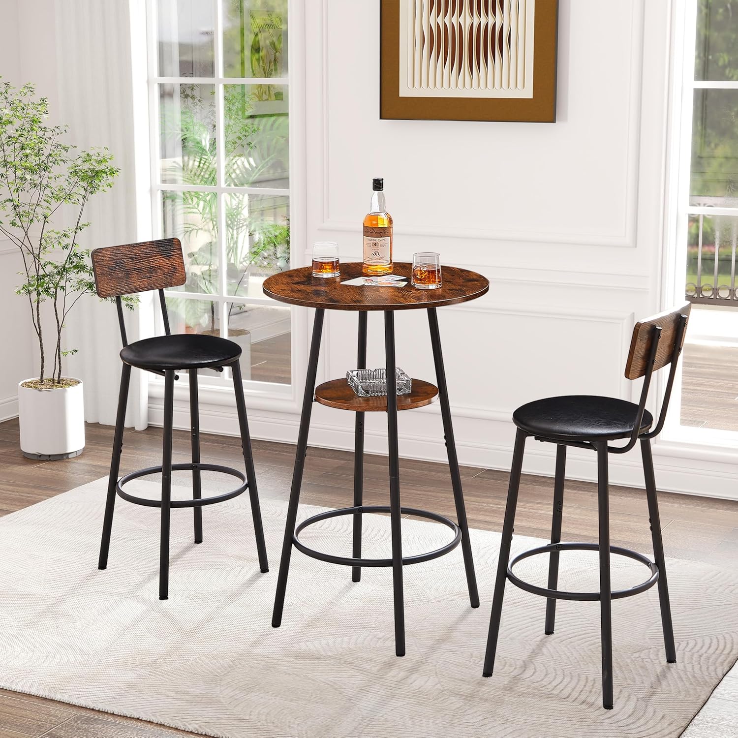 Bar Table and Chairs Set of 3, Round Bar Table with Stool, Kitchen Bar Table, Modern Dining Table Set, Pub Table and Chairs Set for Living Room, Kitchen, Brown&Black