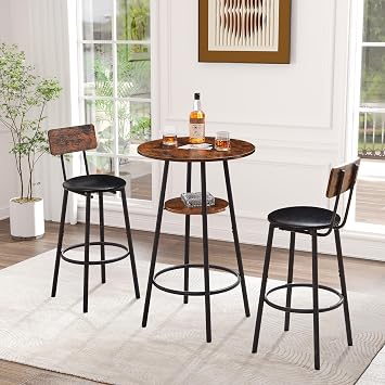 Bar Table and Chairs Set of 3, Round Bar Table with Stool, Kitchen Bar Table, Modern Dining Table Set, Pub Table and Chairs Set for Living Room, Kitchen, Brown&Black