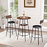 SumKea Bar Table and Chairs Set of 3, Round Bar Table with Stool, Kitchen Bar Table, Modern Dining Table Set, Pub Table and Chairs Set for Living Room, Kitchen, Brown&Black