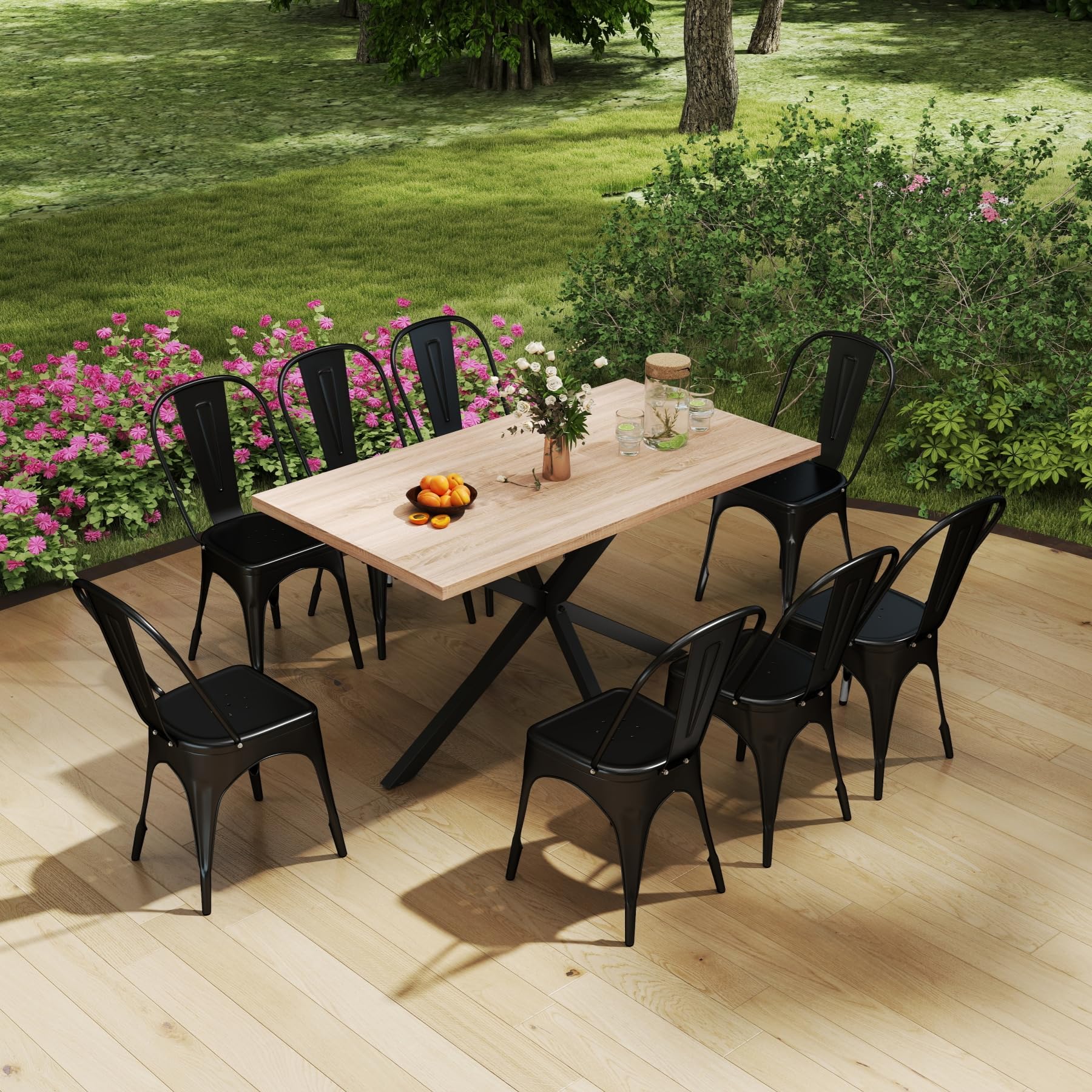 Juego de 8 Sillas de Comedor de Metal con Respaldo Apilable, Diseño Industrial de Estilo Vintage para Restaurante, Boda, Cafetería, Jardín (Negro)