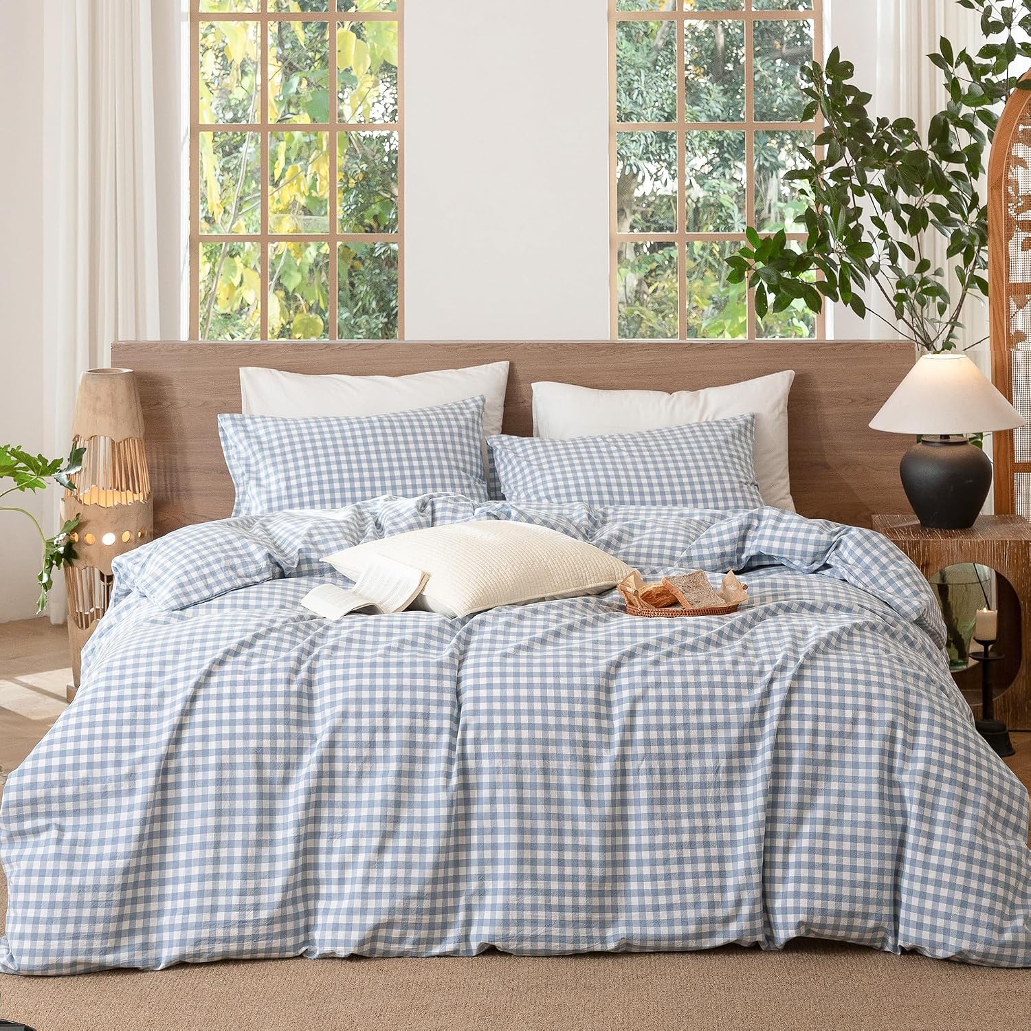 MooMee Gingham Duvet Cover Set 100% Washed Cotton Linen Like Textured Breathable Durable Soft Comfy Modern Checkered Design (Classic Gingham Cornflower Blue, Oversized Queen 98"x98")
