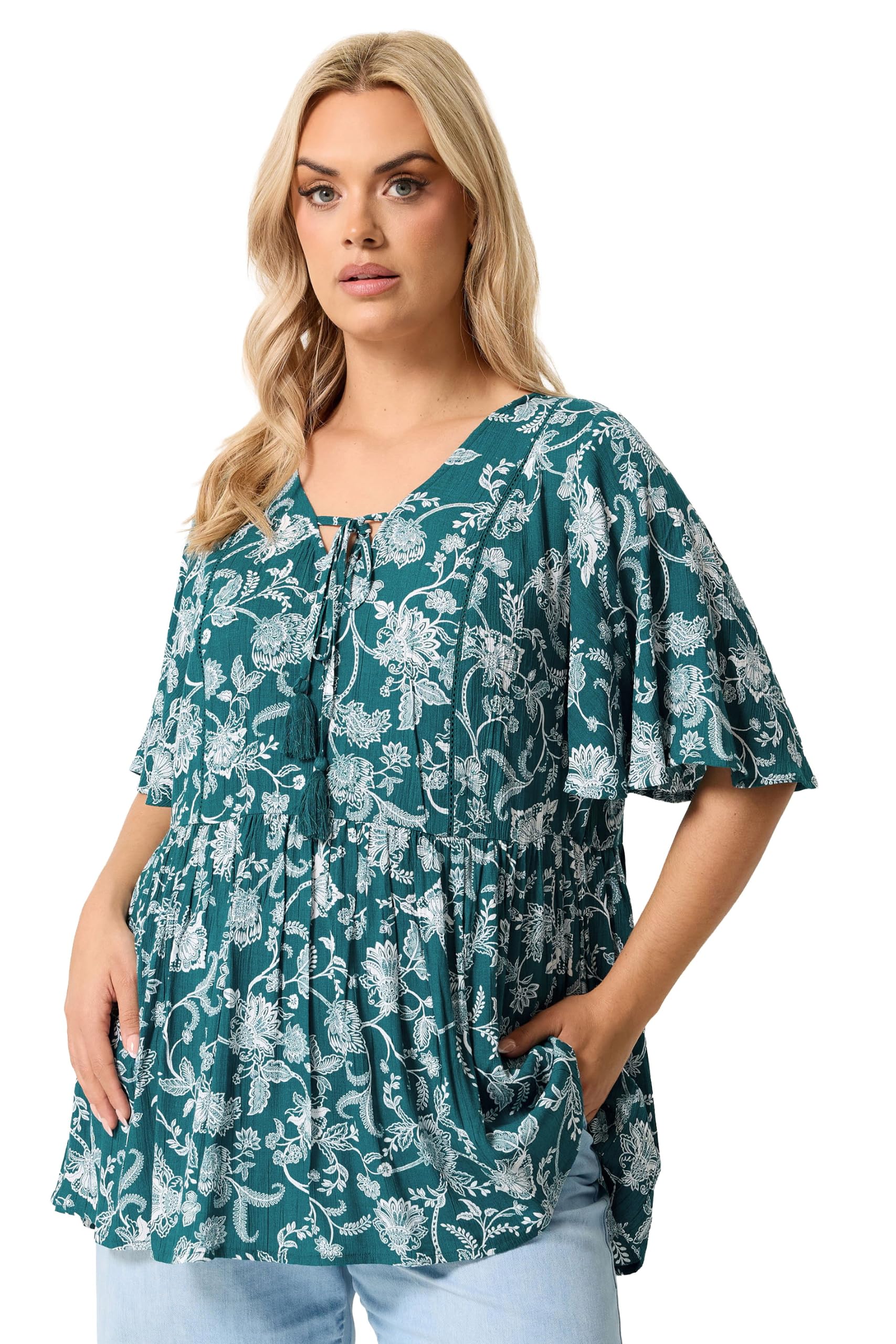 Yours Curve Paisley Green Tie Neck Top - Women's - Plus Size Curve