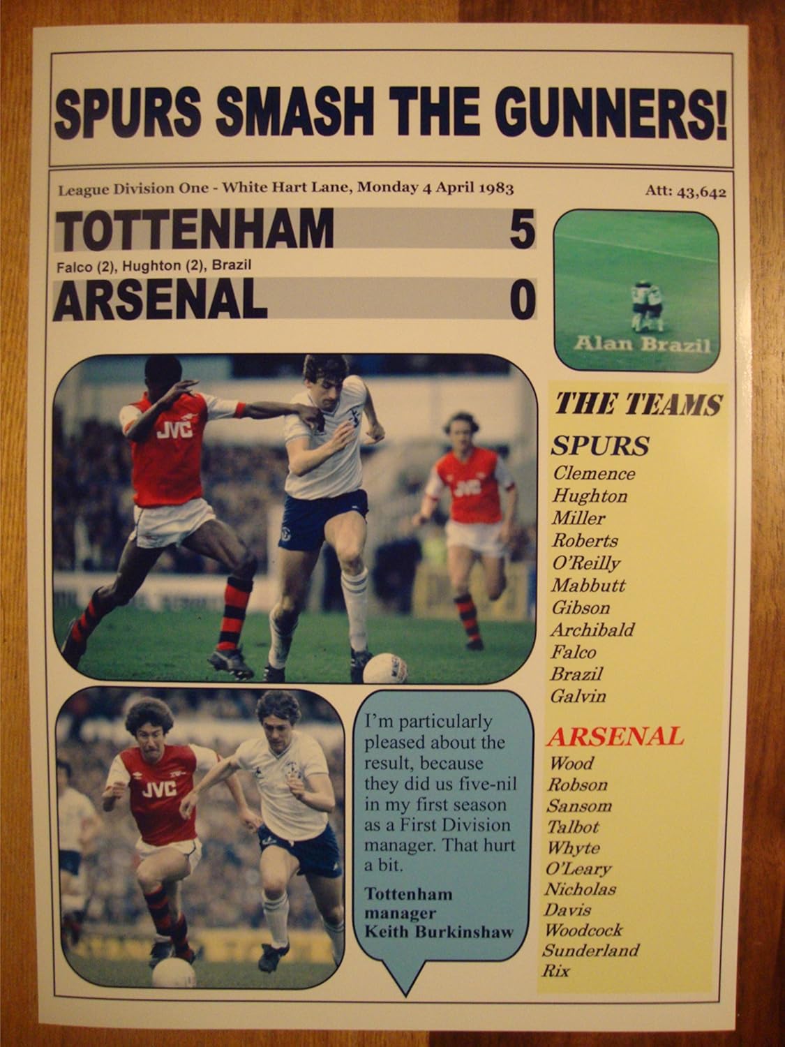 Lilywhite Multimedia Tottenham Hotspur 5 Arsenal 0 - 1983 - souvenir print