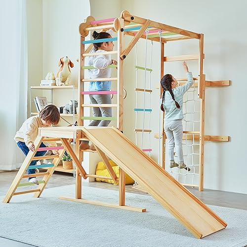 Miniatura 7 de Avenlur Grove 8 en 1 - Gimnasio de la selva interior con anillos de gimnasia, cuerda de escalada, columpio, tobogán, barras de mono, red de pared de