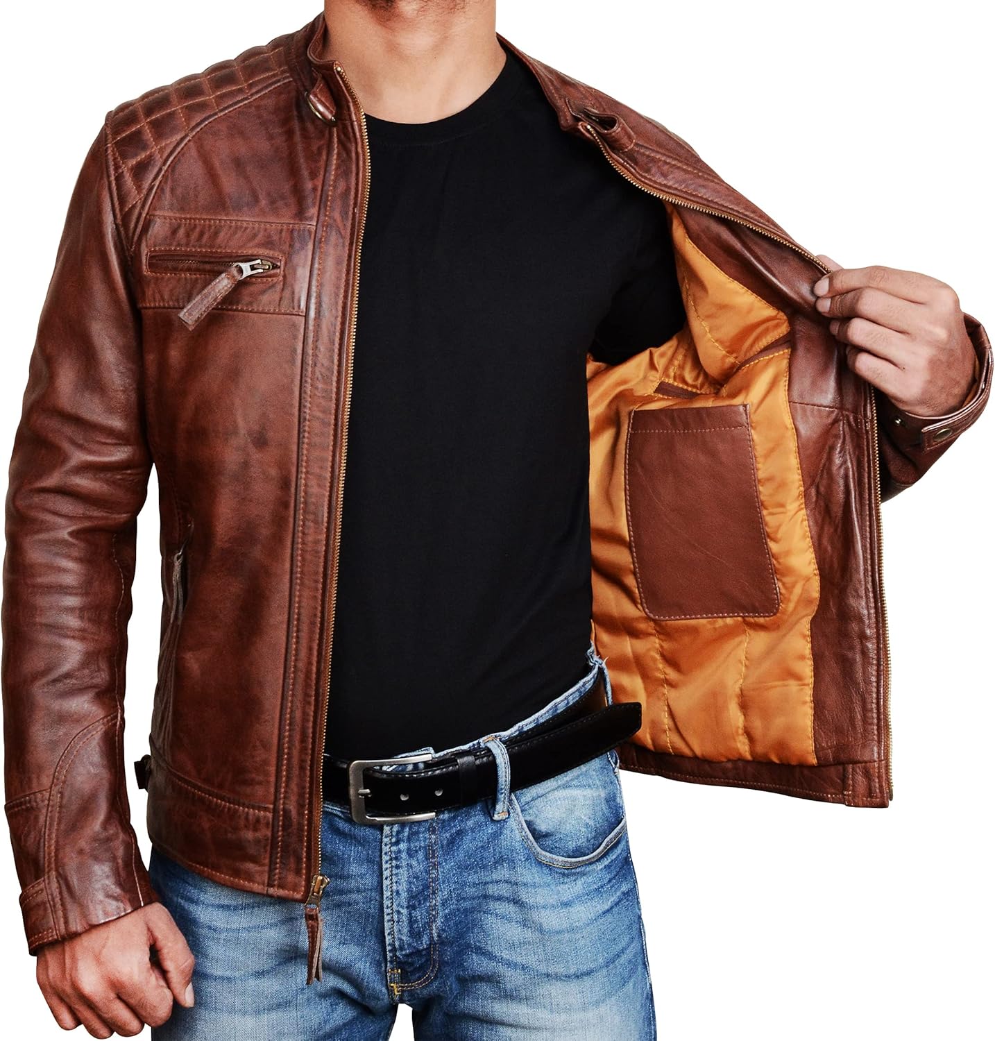 Cafe Racer Brown Leather Jacket Men - Brown Real Lambskin Leather Biker Jacket
