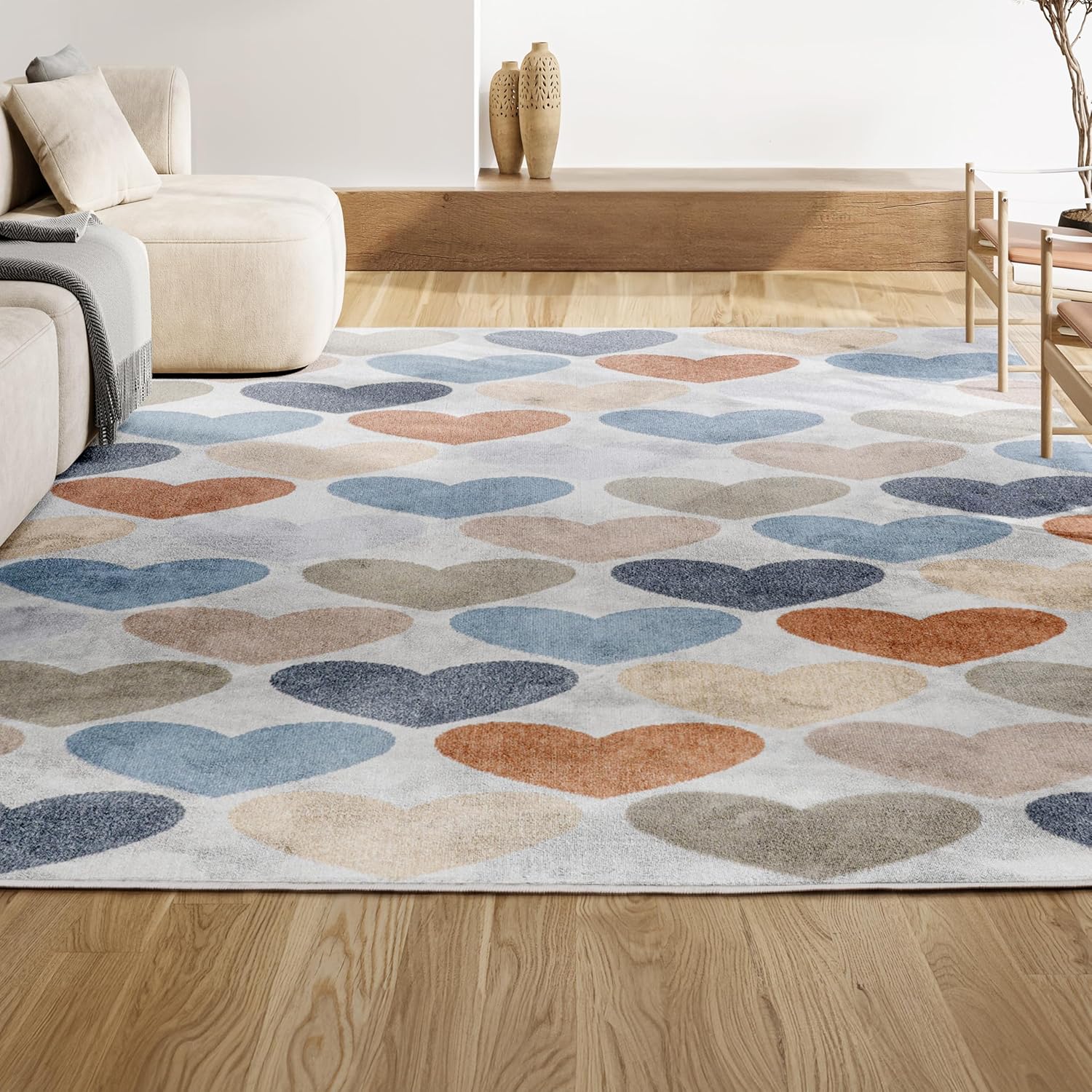 JONATHAN Y Machine-Washable Ivory/Blue/Orange Indoor Area Rug, 3x5, Dila Modern Hearts Geometric, Kids & Novelty, Vintage, Bedroom, Kitchen, Living Room, Easy-Cleaning, Non-Shedding (KDW101A-3)