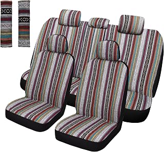 Pariitadin Baja Saddle Blanket Car Seat Covers Full Set with Seat Belt Pads, Washable Breathable Striped Woven Cloth Seat Covers for Cars Interior, Universal Fit Most Cars, Airbag Compatible, Red