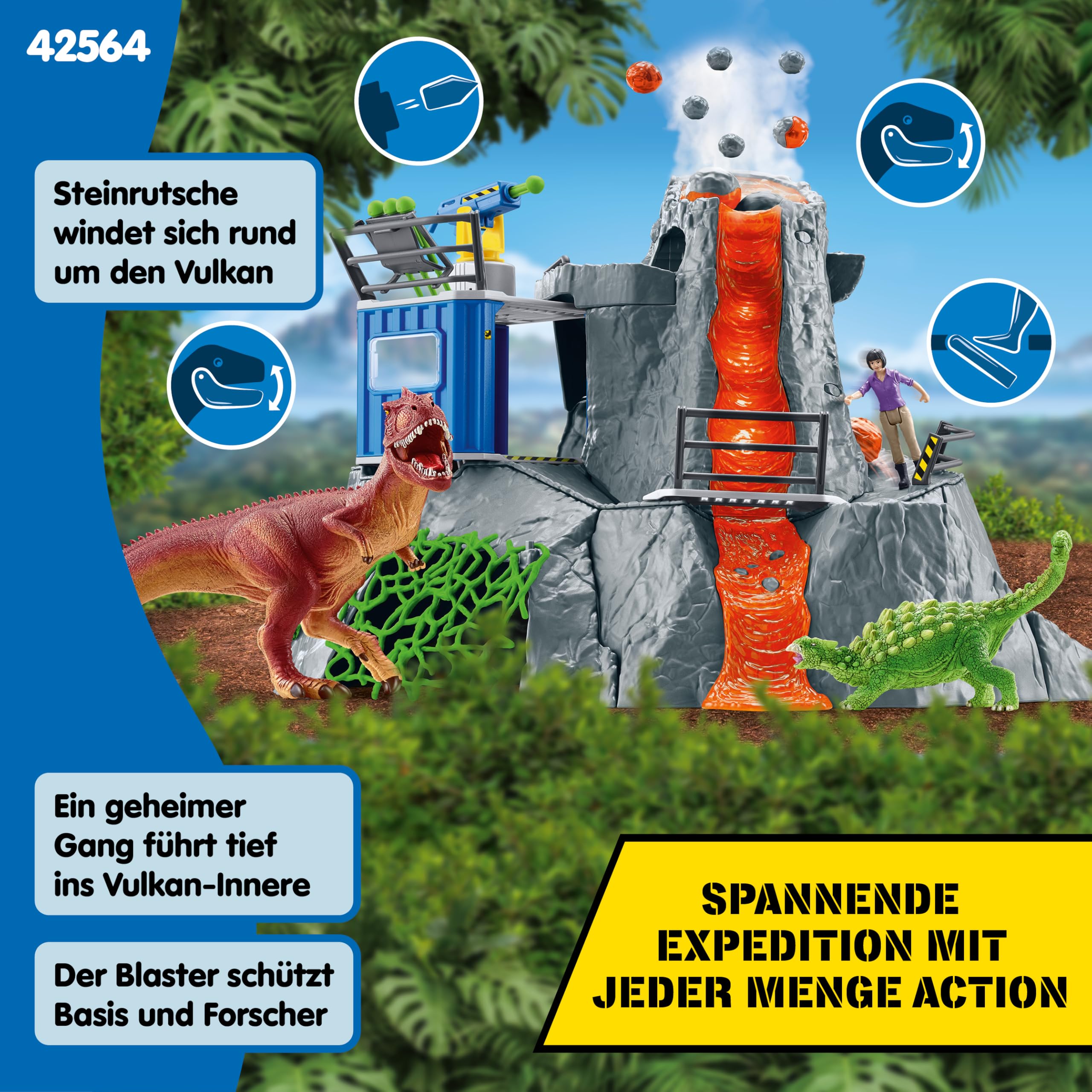 schleich DINOSAURS | Große Vulkan Expedition 42564 | Set inkl. Vulkan mit Ausbruchsfunktion, Yuki, 2 Dino Figuren | tolles Geschenk für Mädchen und Jungen | Dinosaurier Spielzeug ab 3 Jahre | 60 Teile