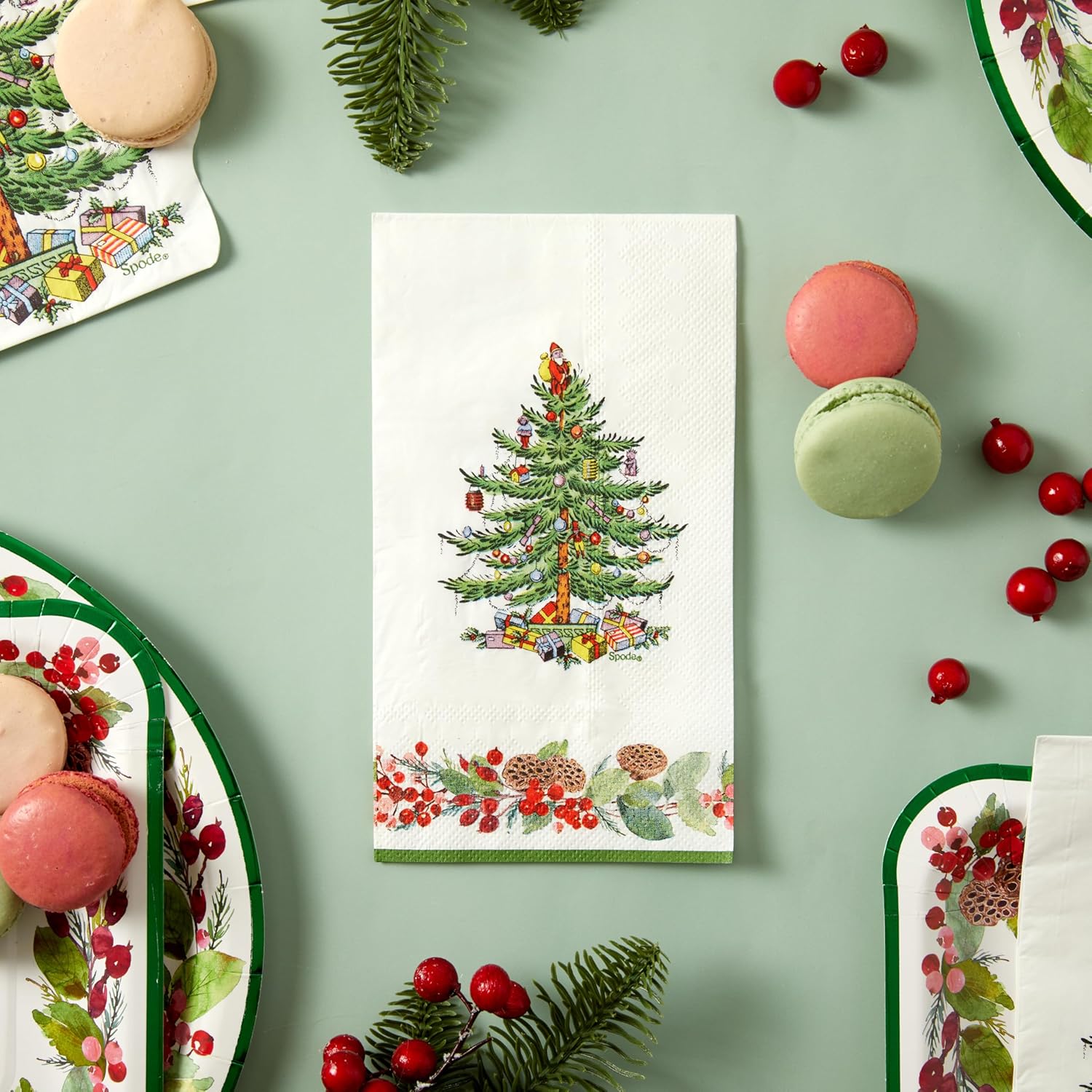 C.R. Gibson Spode Pinecone Disposable Dinner 3-Ply Napkins and Bathroom Guest Towels for Christmas Parties, 4.2" x 8", 16-Count