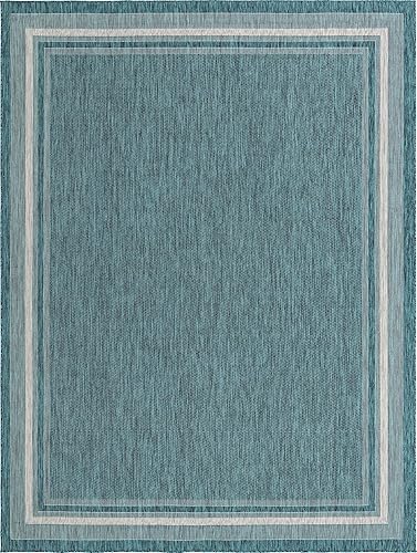 Vista 292 de Unique Loom - Colección Outdoor Border - Tapete para exteriores de borde suave - 5 pies 3 pulgadas x 8 pies, rectangular, azul/marfil azu/marfil