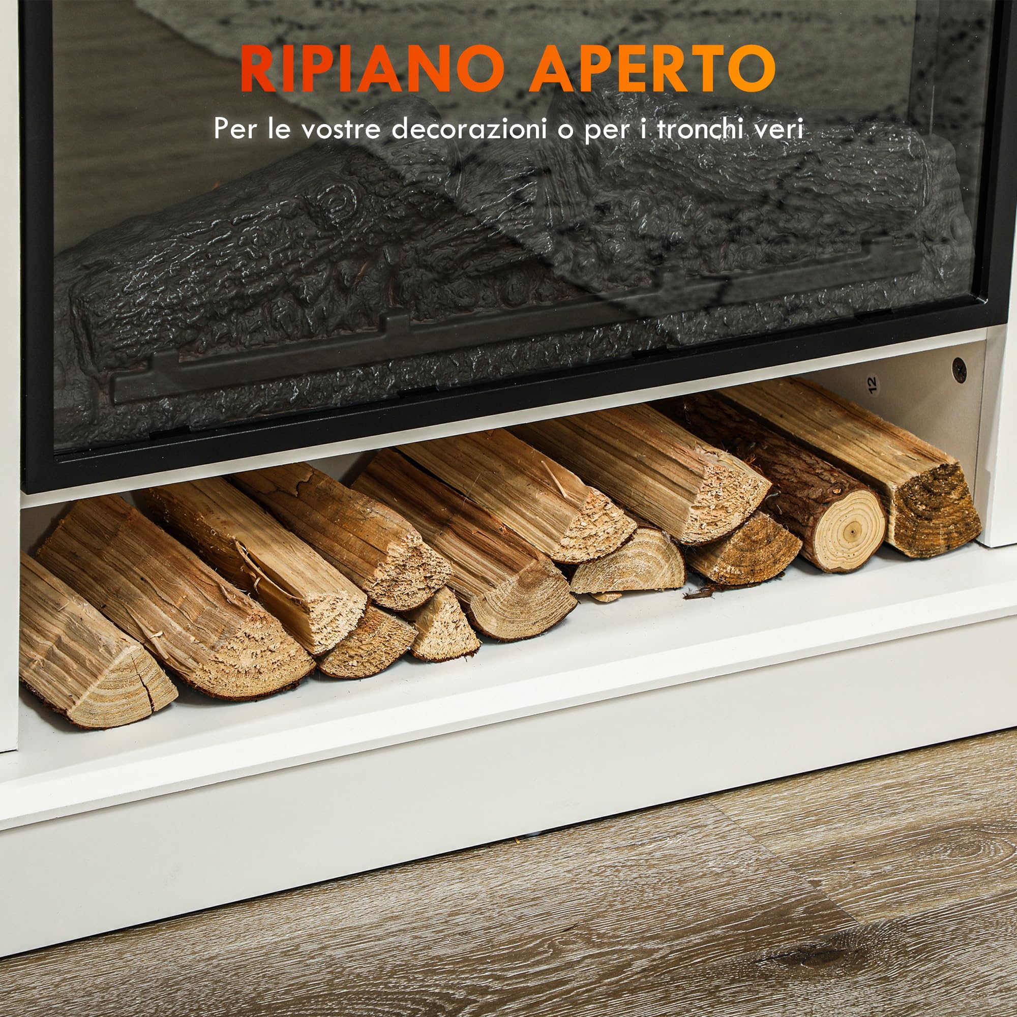 HOMCOM Camino Elettrico da Terra con Effetto Fiamma 3D e Ripiano, 177cm 1800W Caminetto Elettrico con Spegnimento Automatico, Termostato, Risacaldamento Regolabile, Timer e Telecomando, 30㎡, Bianco