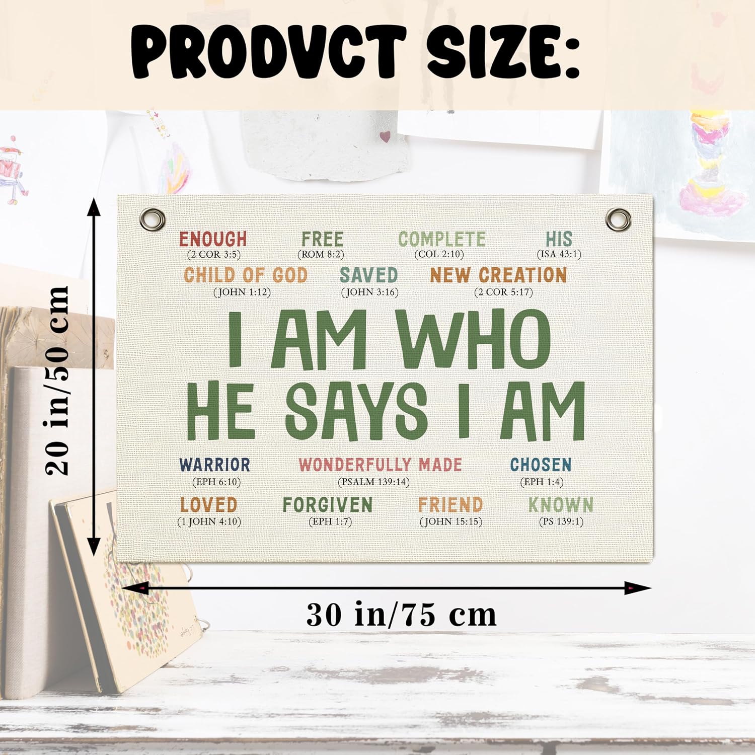 Christian Wall Decor Banner, Inspirational Religious Bible Verse Decor, Canvas Hanging Flag Banner Wall Poster Sign, Positive Growth Mindset Quotes for Kid's Room Classroom Homeschool -I Am Who He Says I am